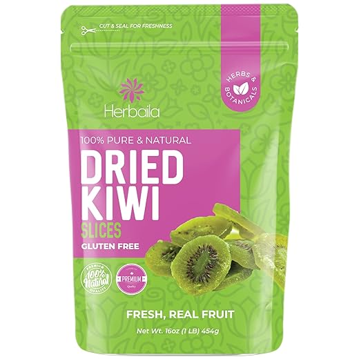 Herbaila Dried Kiwi Fruit Slices, 1 Pound. Dried Kiwis Fruit, Dehydrated Kiwi Slices, Kiwi Dried fruit. All Natural, Non-GMO, Lightly sweetened Dried Kiwifruit Slices. 16 Ounces.