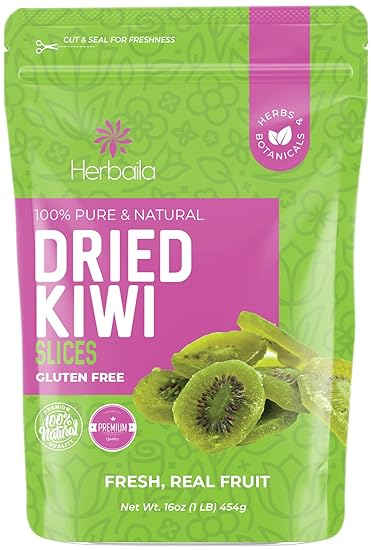 Herbaila Dried Kiwi Fruit Slices, 1 Pound. Dried Kiwis Fruit, Dehydrated Kiwi Slices, Kiwi Dried fruit. All Natural, Non-GMO, Lightly sweetened Dried Kiwifruit Slices. 16 Ounces.
