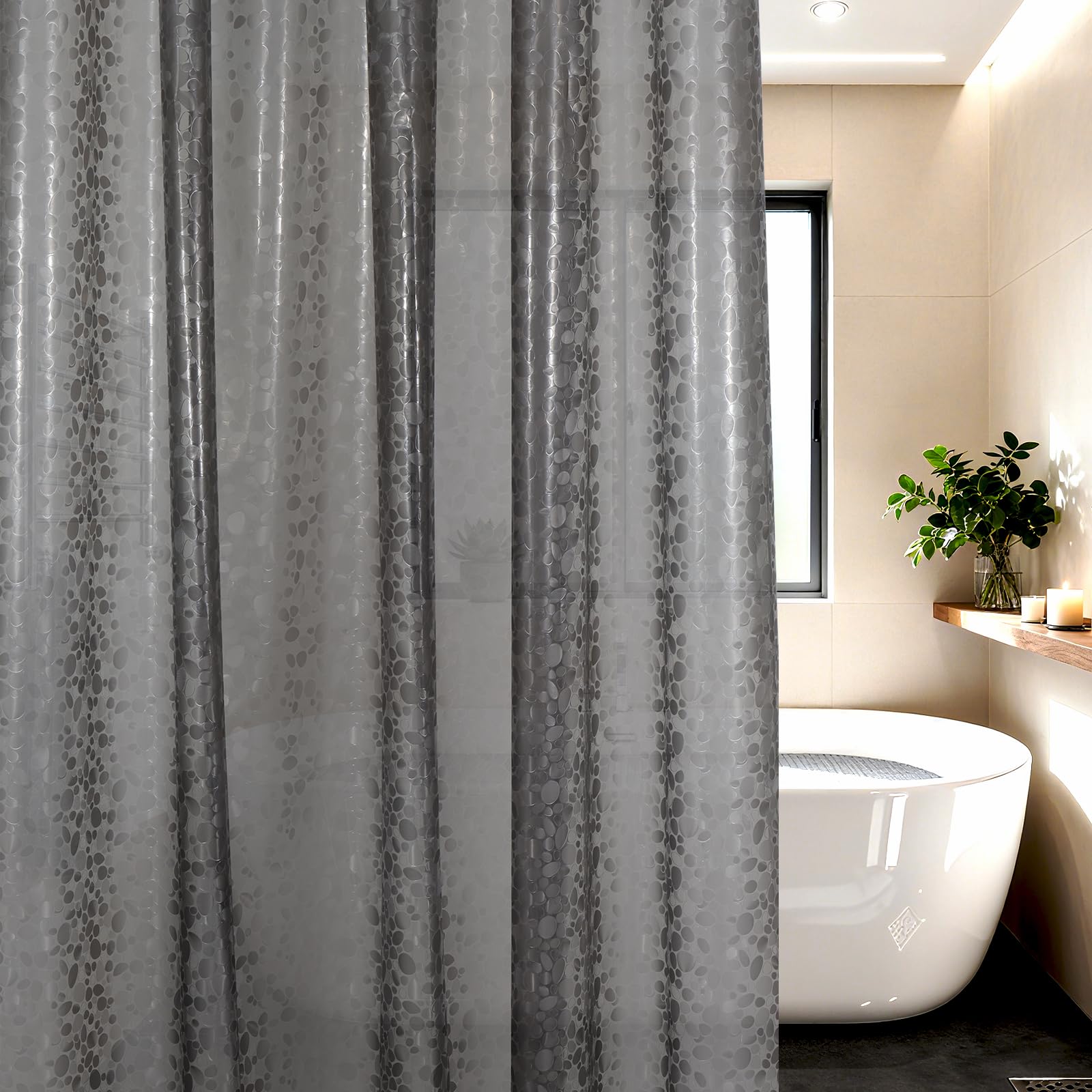 LEMON CLOUD Shower Curtain, Anti-Mould with Weight Magnet Bottom, Black, Transparent, 183 x 183 cm, Anti-Mould Bath Curtain with 12 White Shower Curtain Rings, Stone Pattern