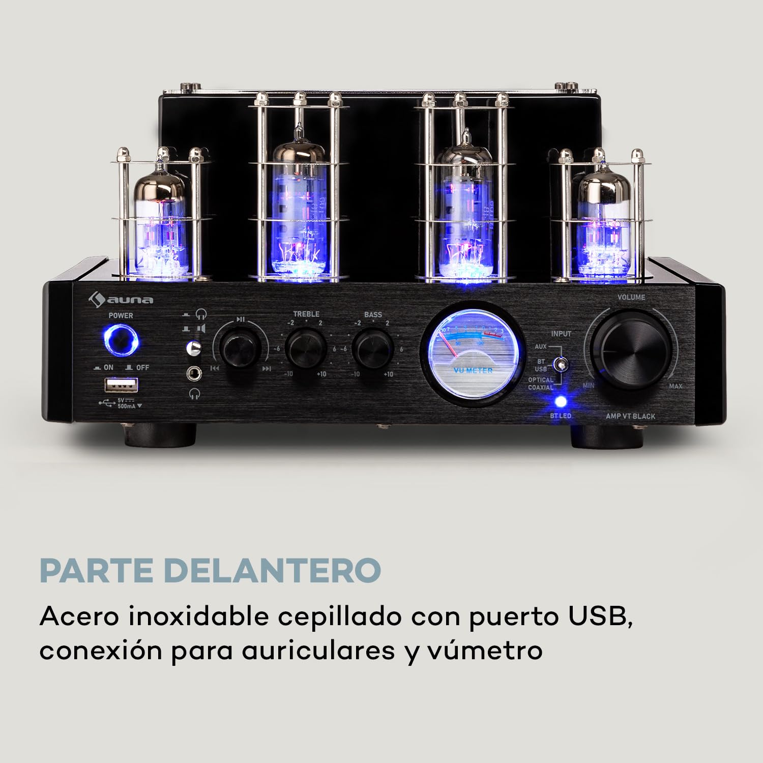 Auna Amp VT Amplificador válvulas, 2x35W RMS, preamplificador hifi BT Opt/Coax/AUX-In, preamplificador estéreo, negro