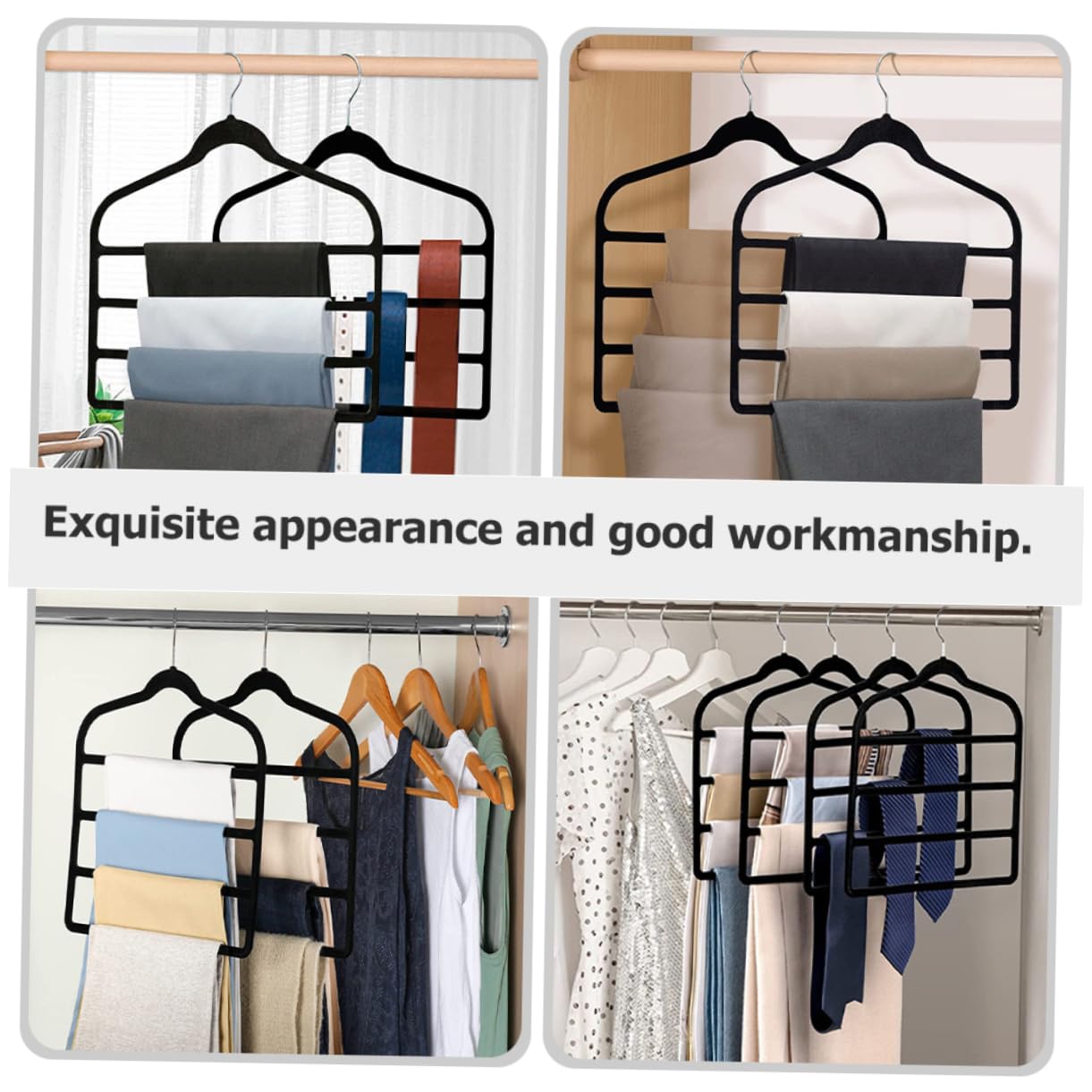 Perchas para Pantalones Multicapa Antideslizantes Negras, 4 Compartimentos, Perchas de Ropa de Terciopelo, Ahorro de Espacio para Armario y Dormitorio, Set de 5 Unidades