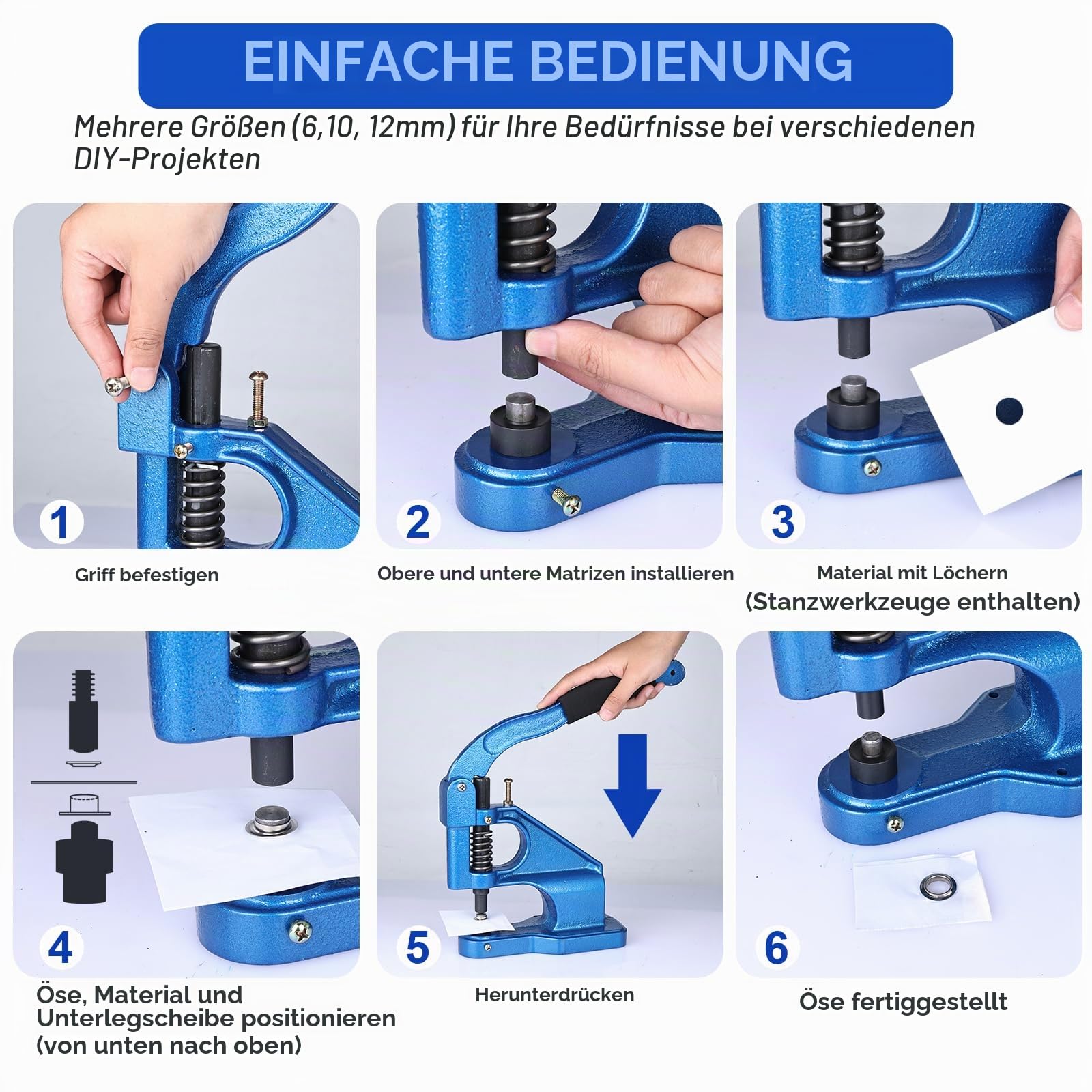 FreeTec Handpresse Ösenmaschine Ösenzangen, 6/10/12mm Ösenstanze Ösenpresse set mit 3 Matrizen 1500 Silber Ösen und Hammer für Planen Kleidung Gürtel Leder