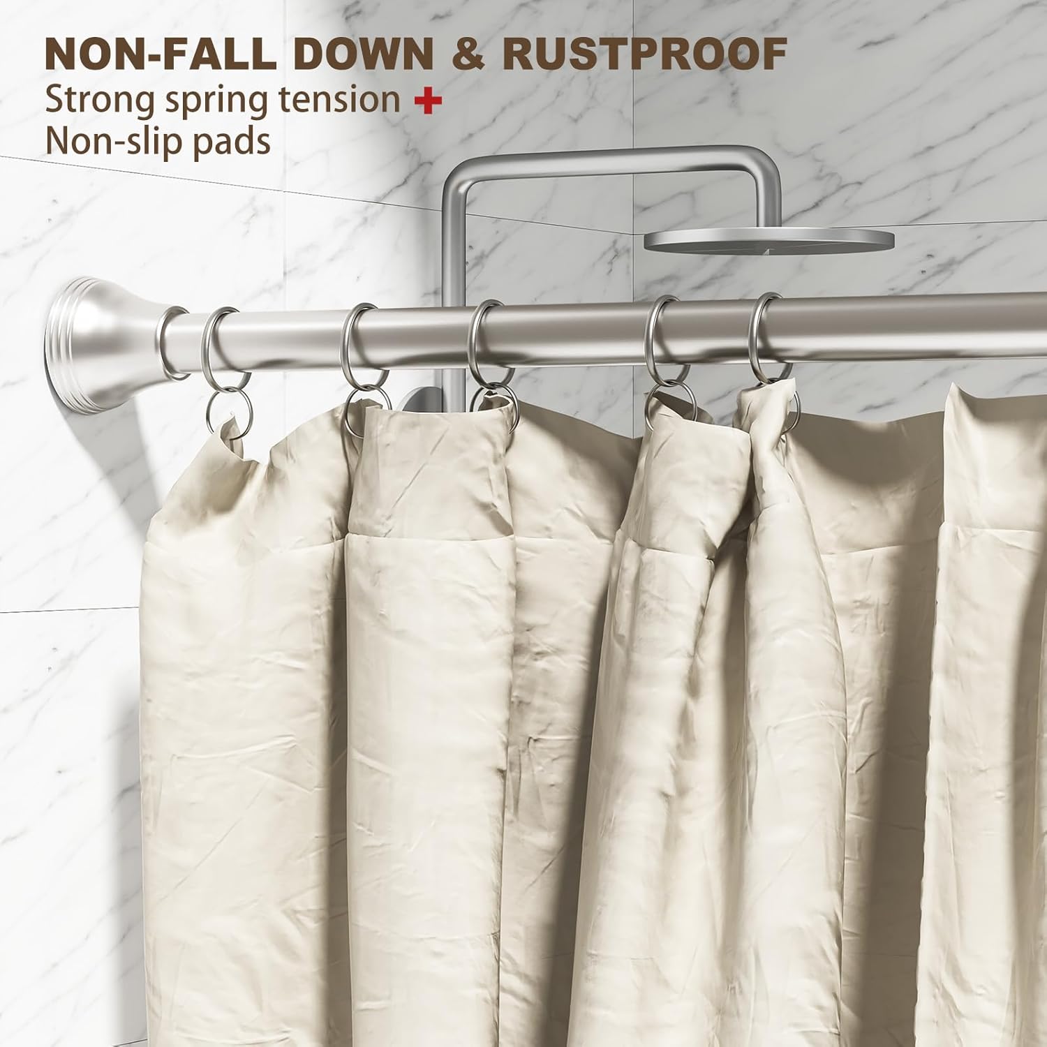 43-72 Inch Brushed Nickel Adjustable Spring Tension Shower Curtain Rod & 72-144 Inch Square Finials Curtain Rod