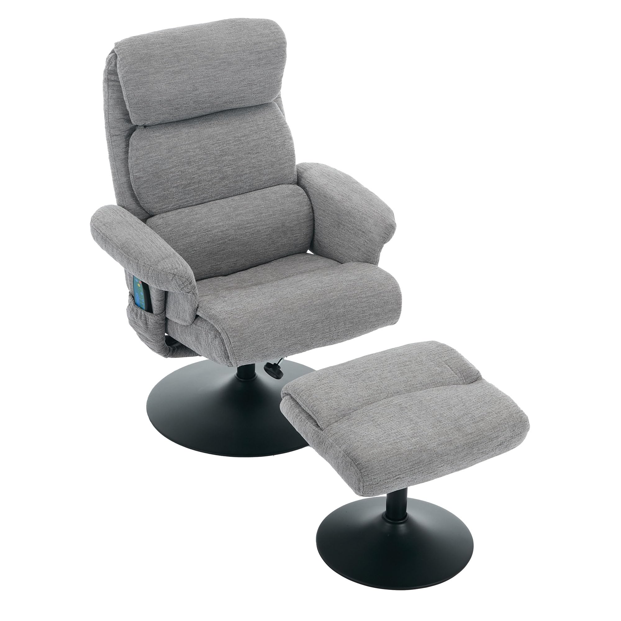 Sillón de relax reclinable con masaje de 5 puntos, sillón y taburete giratorio 360°, tela de chenilla gris