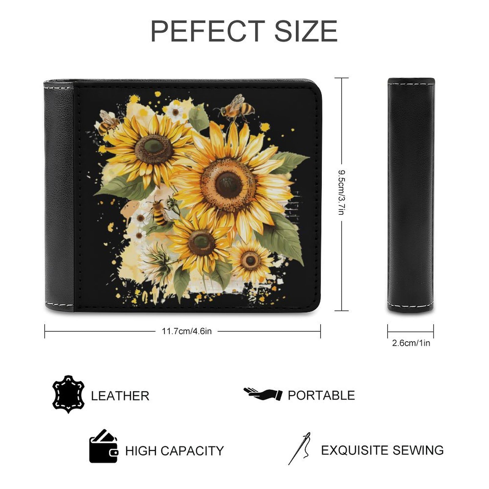 Sunflowers Bees Funny Billfold Wallet Credit Card Holder Slim Passcase Pouch Purse for Men Women