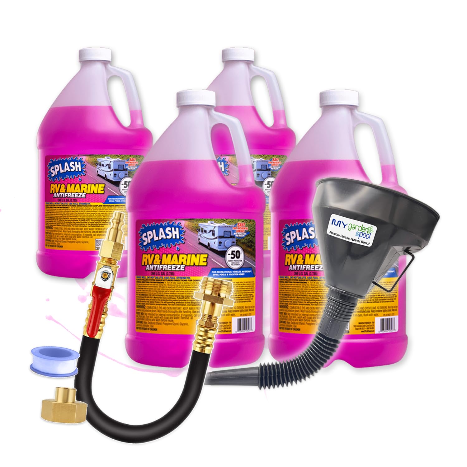 Splash RV & Marine -50°F Antifreeze Set Flexible Plastic Funnel Spout and Sprinkler Blowout Adapter, Shut Off Valve - for Winterizing RV, Camper, Boat, Motorhome Systems (4)