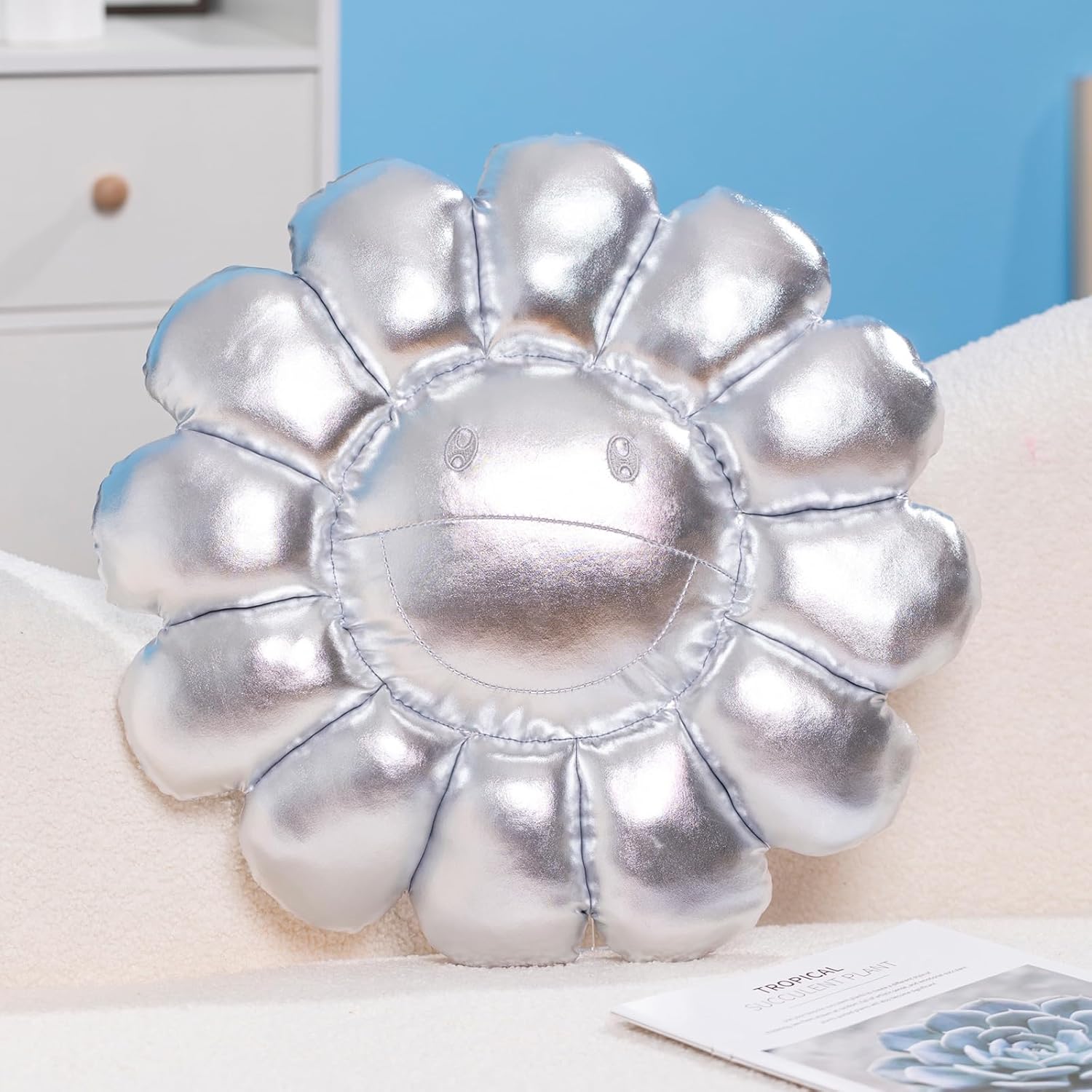 FIONOUT Silver Flower Pillow,16.53" Sunflower Plush Pillows for Bedroom Aesthetic, Soft Smiley Face Pillow Flower Floor Cushion,Cute Daisy Plush for Room Decor