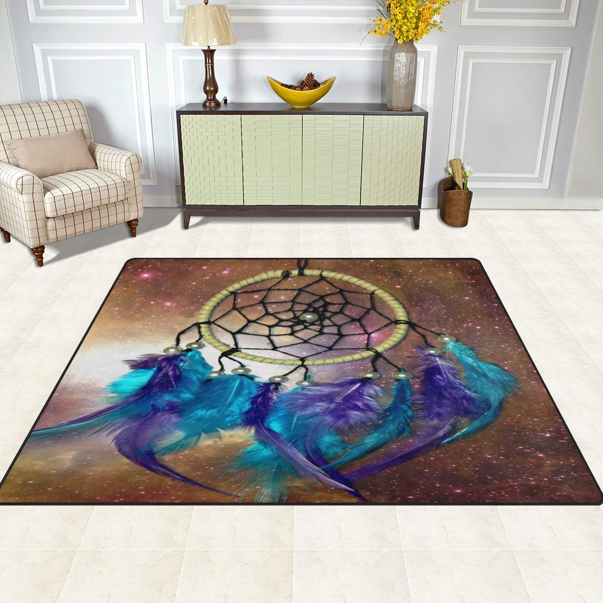 Mnsruu Dreamcatcher Galaxy Nebula Aztèque Tribal Ethnique Tapis pour Salon Chambre, Tissu, Multicolore, 203cm x 147.3cm(7 x 5 Feet)