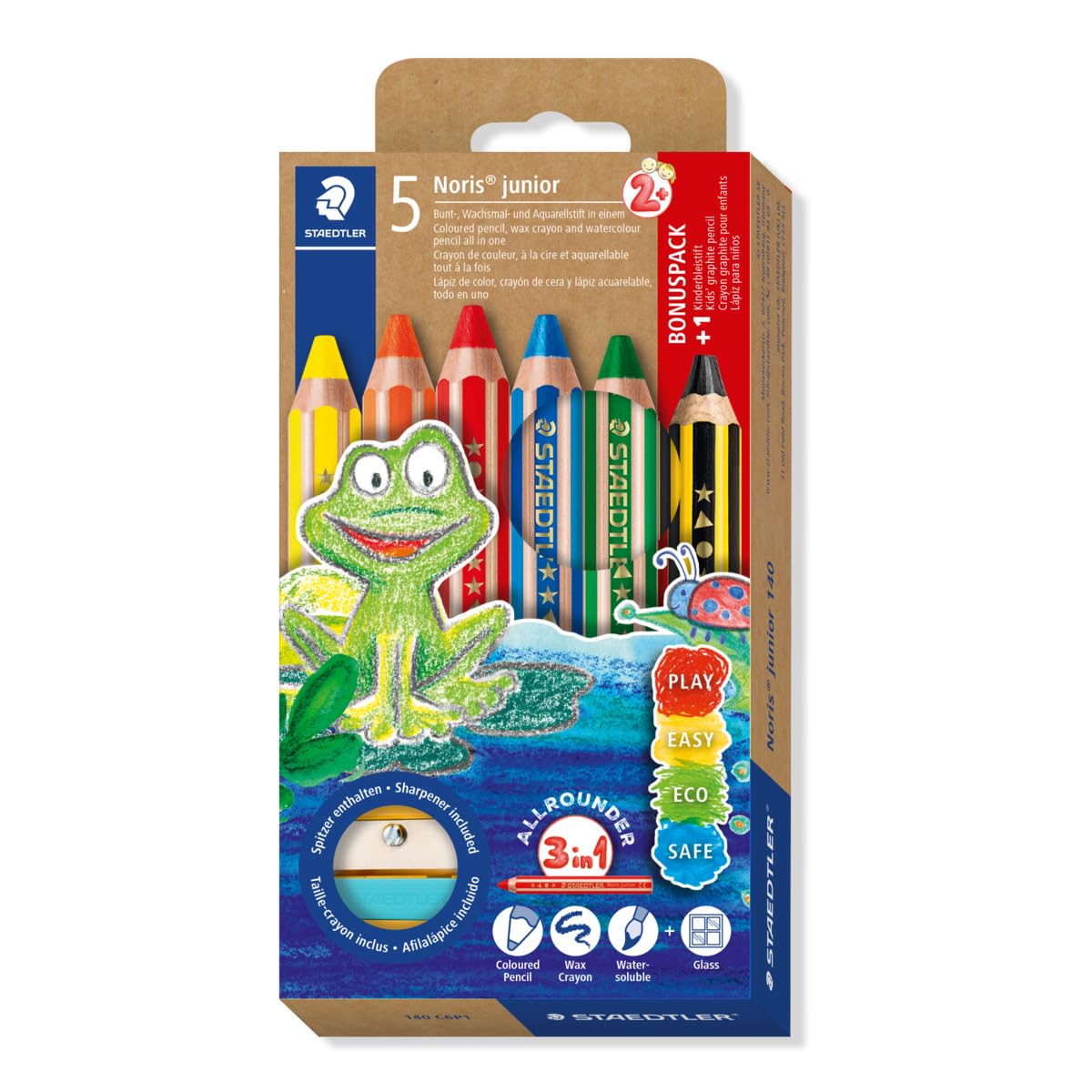 STAEDTLER Noris Junior 3-in-1 Colouring, Wax and Watercolour Pencil, Extra Shatterproof, Ideal for Children, for Many Surfaces, Cardboard Case with 6 Duo Colouring Pens and Sharpener, 140 C6P1
