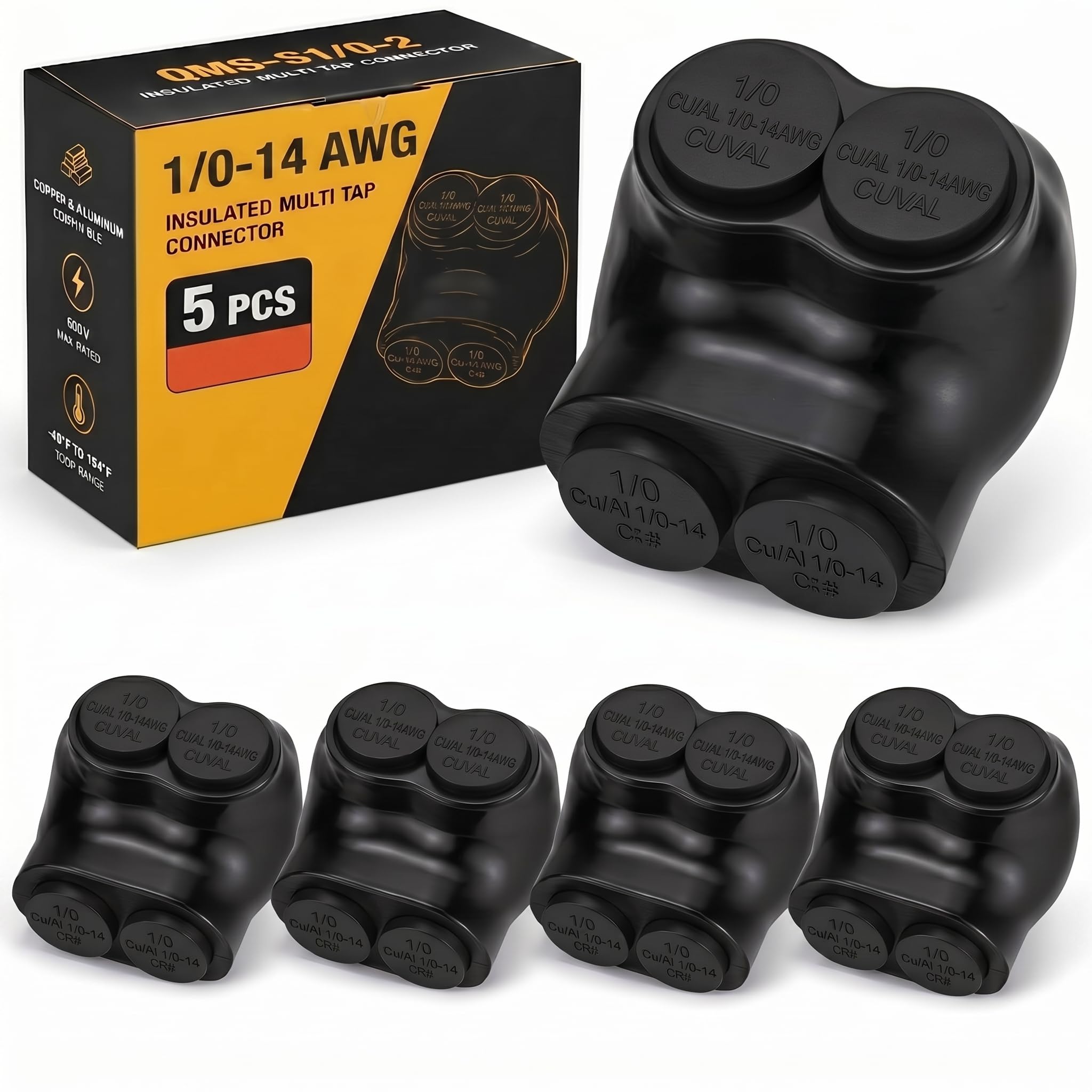 Saysurey 5 Pcs Insulated Multi Cable Connectors 2 Port Single Entry Splice Electrical Power Connector Black Interconnect Terminals Pre Filled (1/0-14