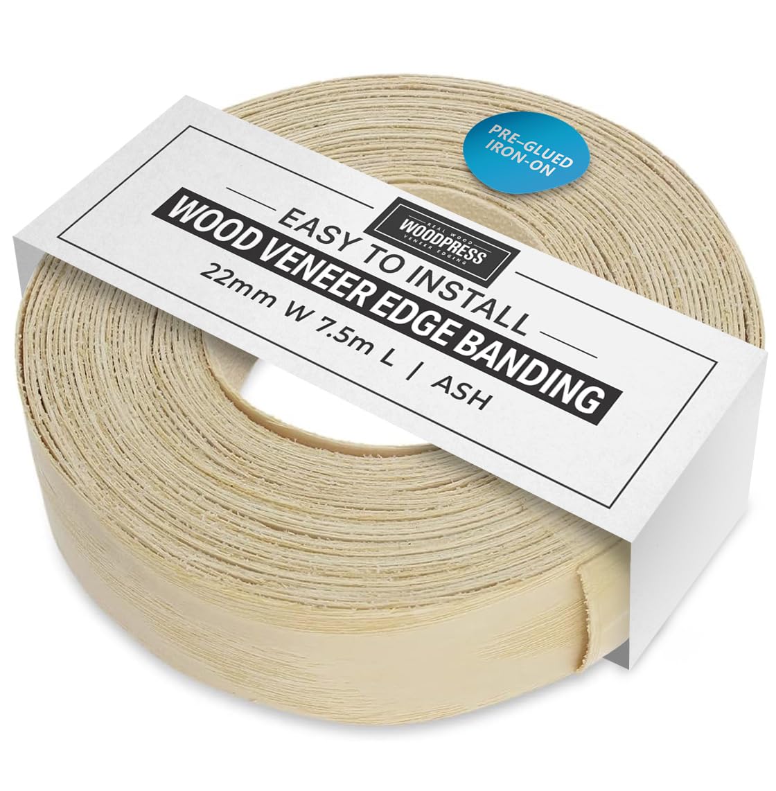 WoodPress® 22mm Real Ash Wood Iron-On Edging – 7.5m Roll – Pre-Glued Wood Veneer Tape for Easy DIY Application – Will Cover the Edge of a Standard MDF Panel