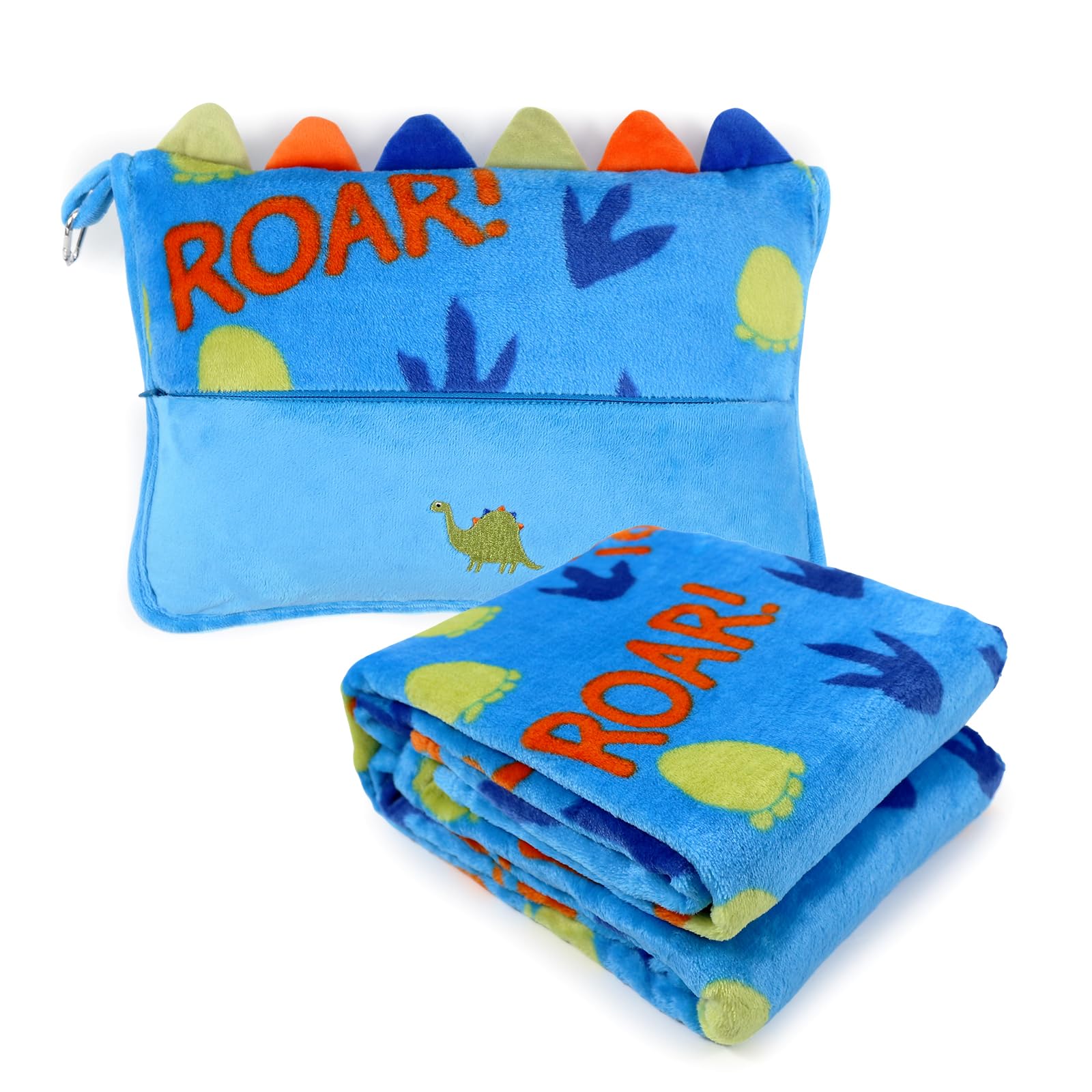 VigorSpring Travel Blanket and Pillow Set for Kids,Soft Travel Blanket Airplane Campact with Bag,Pillow Blanket for Boys with a Pocket,Backpack Clip, Luggage Sleeve (Dinosaur)-image-33
