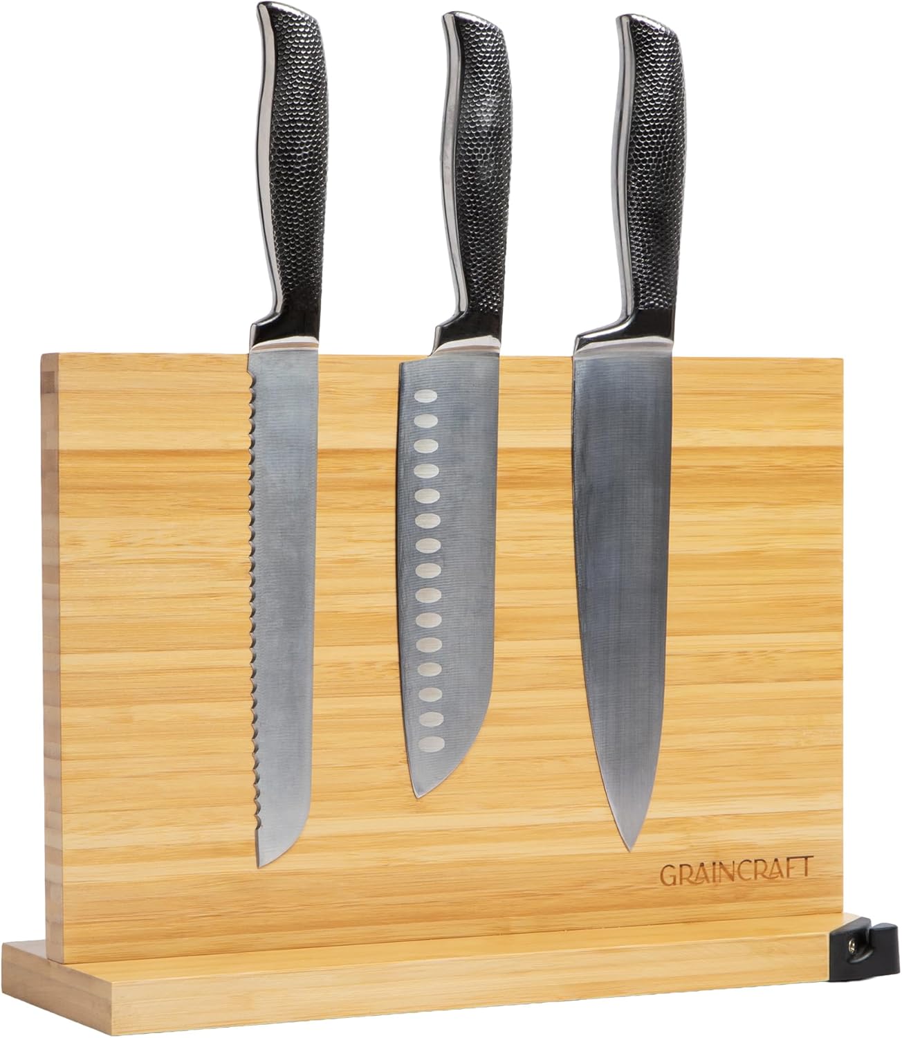 Magnetic Knife Block with Sharpener, Countertop Magnetic Knife Holder, 3X Double Sided Magnet Knife Stand, Non-Slip Base, Kitchen Knife Storage Organizer (Acacia)