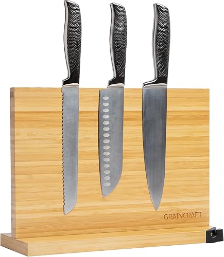 Miniatura 7 de Bloque magnético para cuchillos con afilador, soporte magnético para cuchillos de encimera, 3 soportes magnéticos de doble cara, base