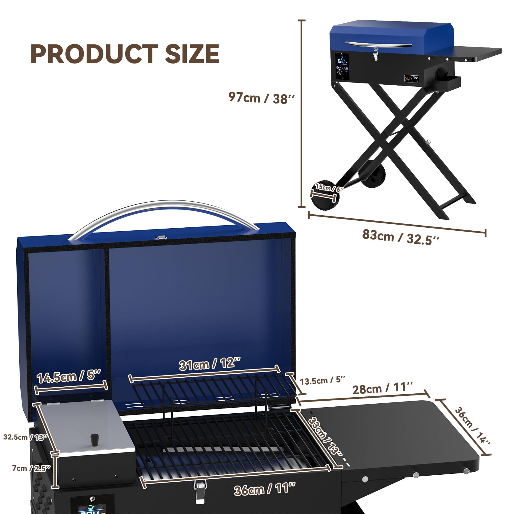 onlyfire Grill na pellet Smoker ze stolikiem pomocniczym i składanym wózkiem, wielofunkcyjny grill na pellet, wędzarnia z automatyczną regulacją temperatury i sondą do mięsa, grill na węgiel drzewny,