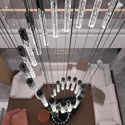 Miniatura 10 de 10ft-2ft Adjustable Long Attic Pendant Chandliers 10-Light Black Metal Transparent Crystal with Bubble Pendant Light High Ceiling Crystal Chandelie