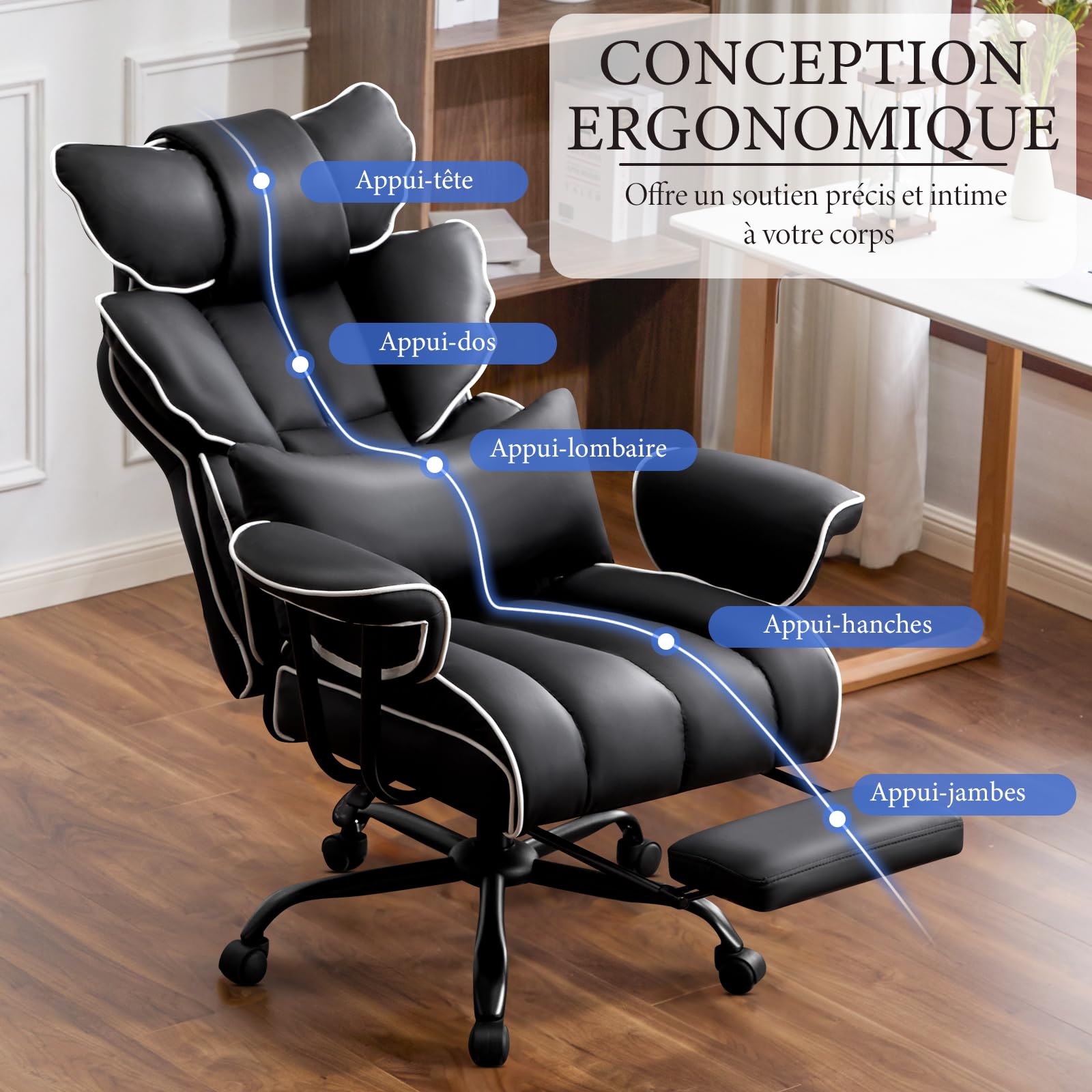 Fauteuil de Direction, Chaise de Bureau avec Repose-Pieds, Ergonomique Fauteuil de Bureau Cuir PU Inclinable avec Support Lombaire, Chaise d'Ordinateur à Hauteur Réglable, Noir, 1