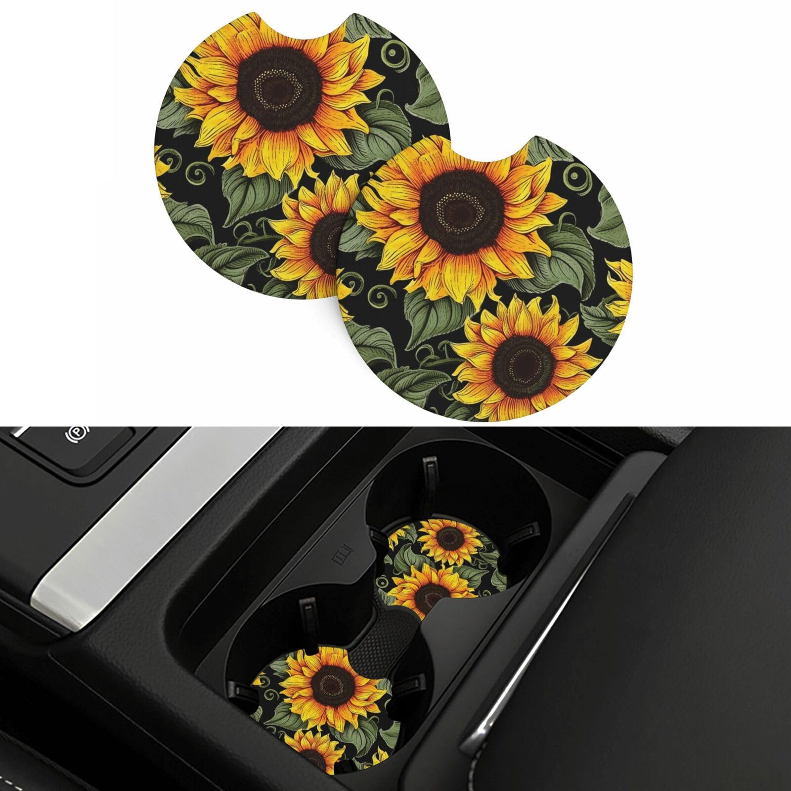 Floral Sunflower Car Coasters 2 Pcs, Universal Non-Slip Rubber Car Cup Holder for Cup Holders, 2.75 Inch Neoprene Cup Pad Mat Coaster Car Interior Accessories for Women Men
