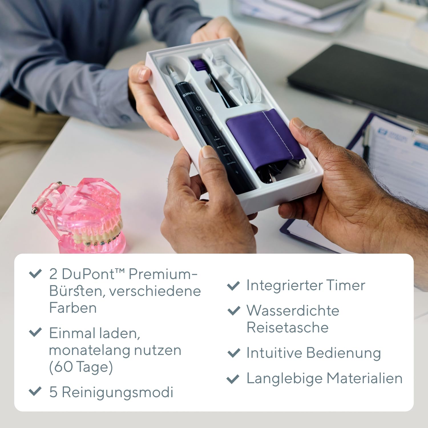 B.Well MED-870 Schallzahnbürste | 12 Reinigungsmodi & 4 Monate Akku | Schweizer Qualitätsstandards: 12 Modi, 2-Minuten-Timer mit 30-Sek.-Intervall, Induktionsladung und 2 farbige Bürstenköpfe.