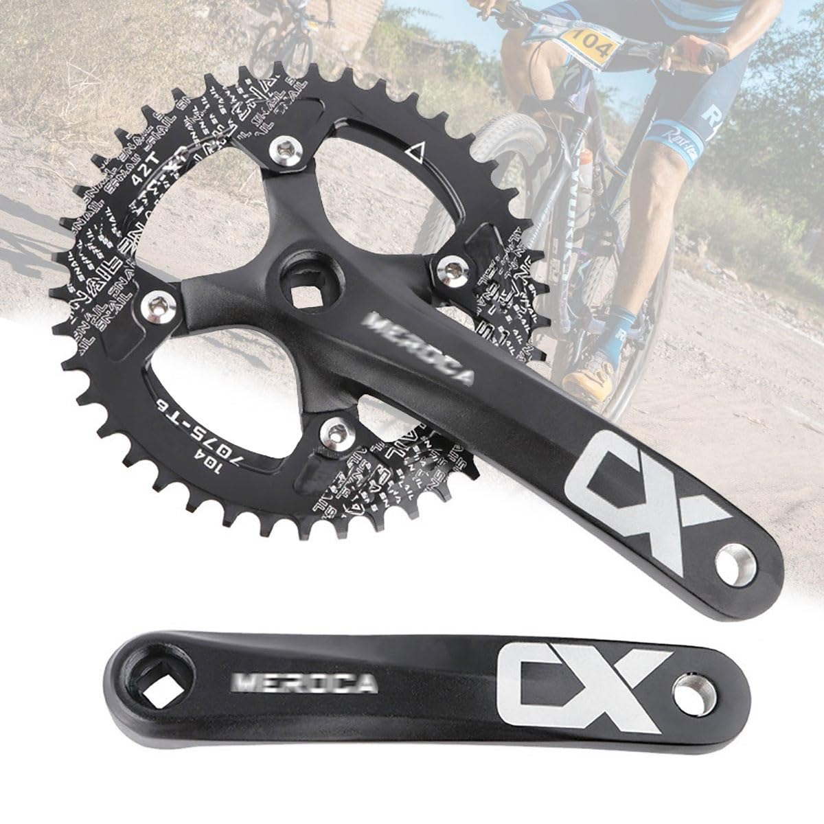 HZXQCVB 170mm Square Taper MTB Crankset Mountain Bike Single Speed Crankset 104 32T/34T/36T/38T/40T/42T Chainring And Bolts Bicycle Crank Arm Set(Svart,42T)