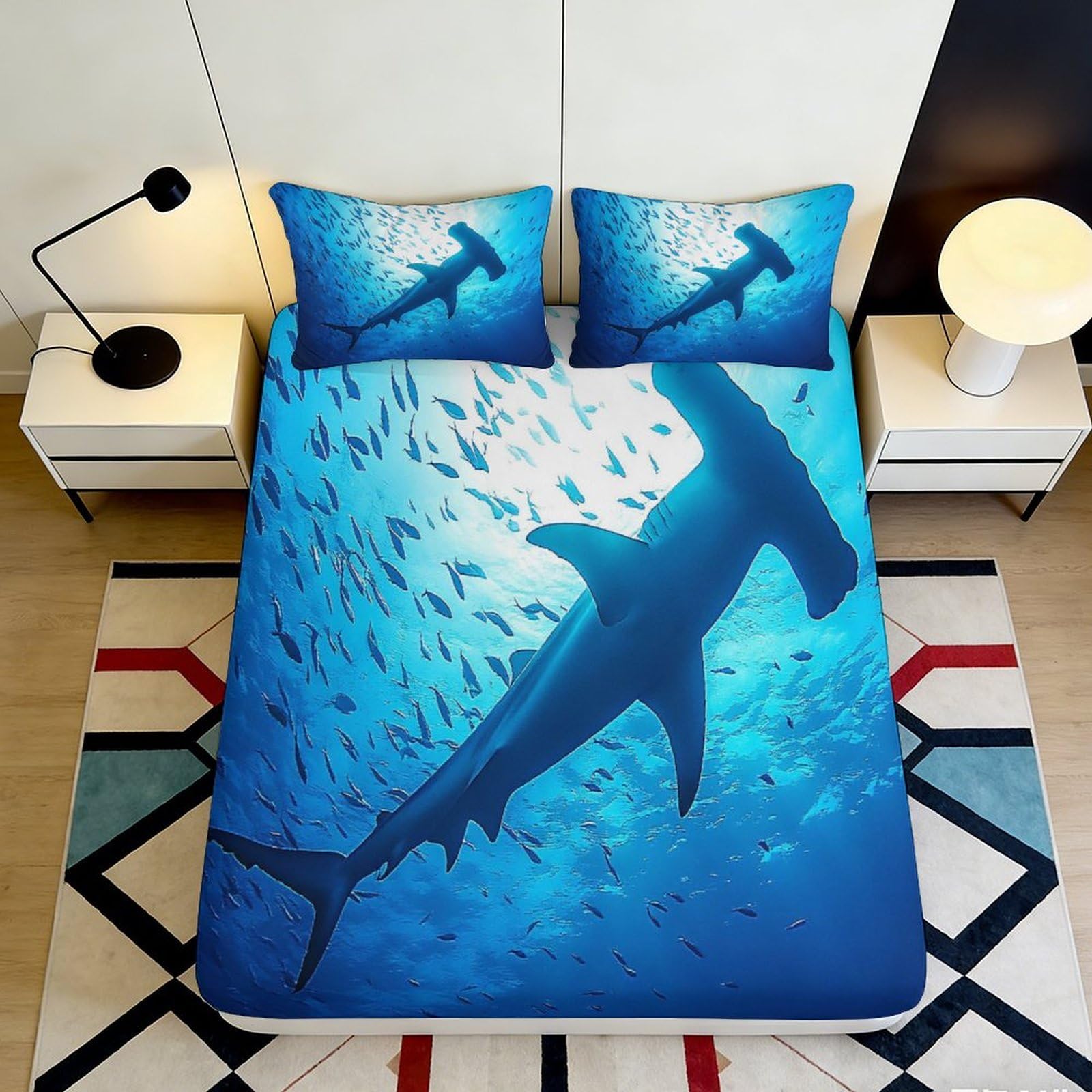 3D Printed Hammerhead Shark Fitted Sheet Microfiber Soft Durable Ocean Pattern Bed Cover for Bedroom Dormitory Guest Room Mattress Protection 160x200x25cm