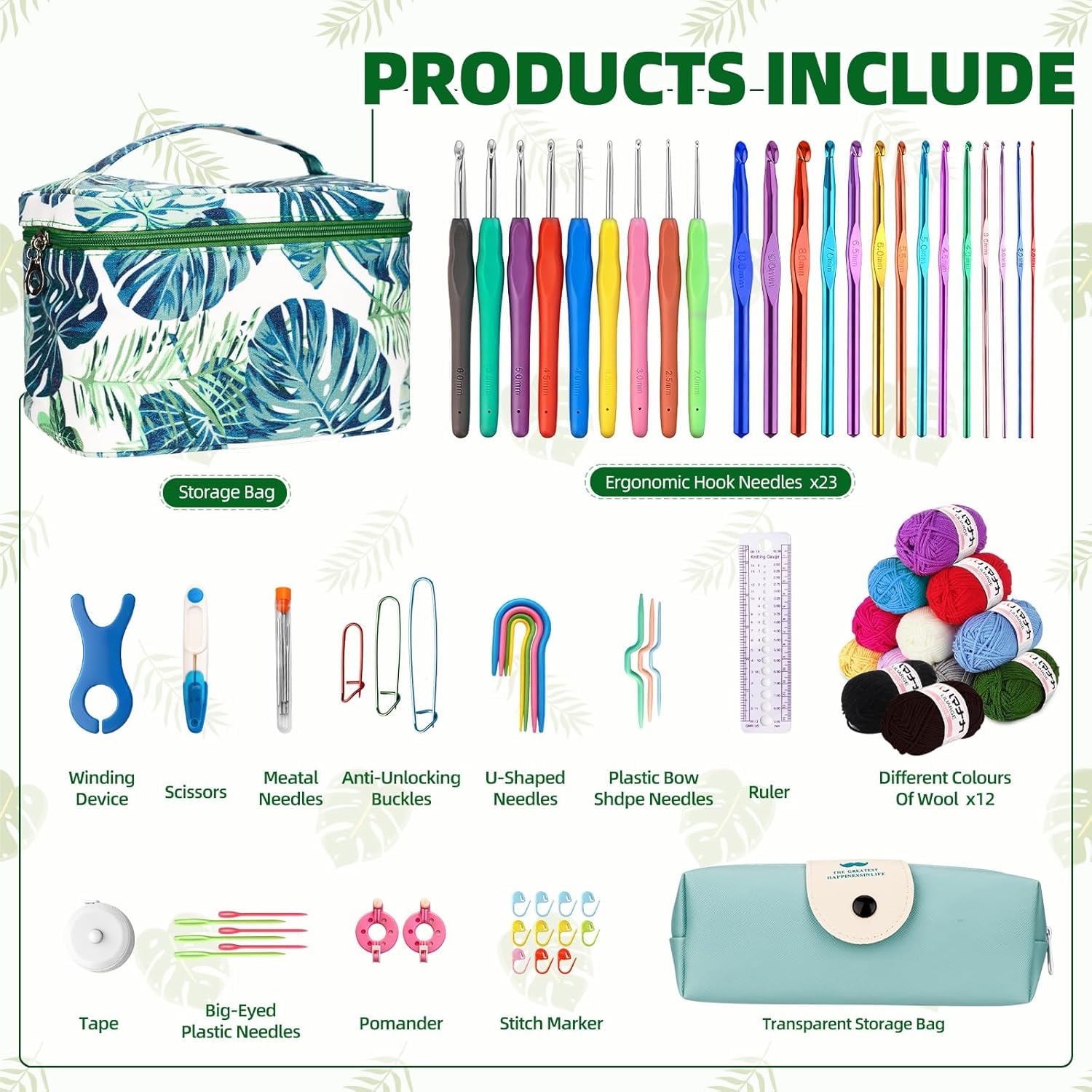 TOSUTO Juego de ganchillo portátil para principiantes,Agujas de Ganchillo,Crochet Kit Principiantes Adultos,Ganchillos Grochet Kit con bolsa de almacenamiento y accesorios y Lana,instrucciones