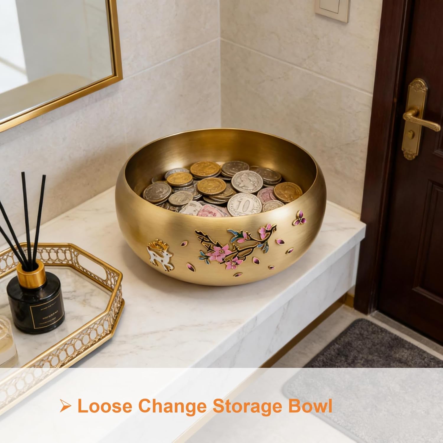 Key Bowl for Entryway Table - 91.5% Solid Brass Cloisonné Bowl (7"x3.15")，1200ml，Deer & Peach Blossom Design，Home Decor Dish, Office Candy & Entryway Coin Holder