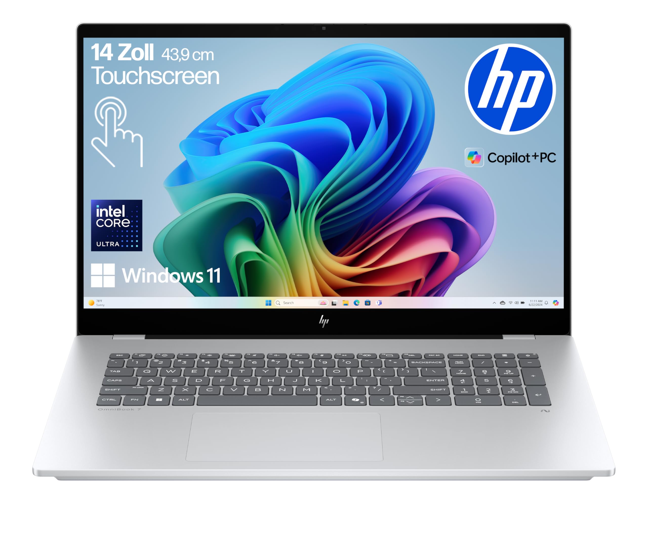 HP OmniBook 7 Next Gen AI PC, Copilot+ PC, display touch FHD da 17,3 pollici, Intel Core Ultra 7 256 V (47 Tops), 16 GB LPDDR5x RAM, SSD PCIe Gen4, Intel Arc 140 V GPU, QWERTZ, Windows 11, argento
