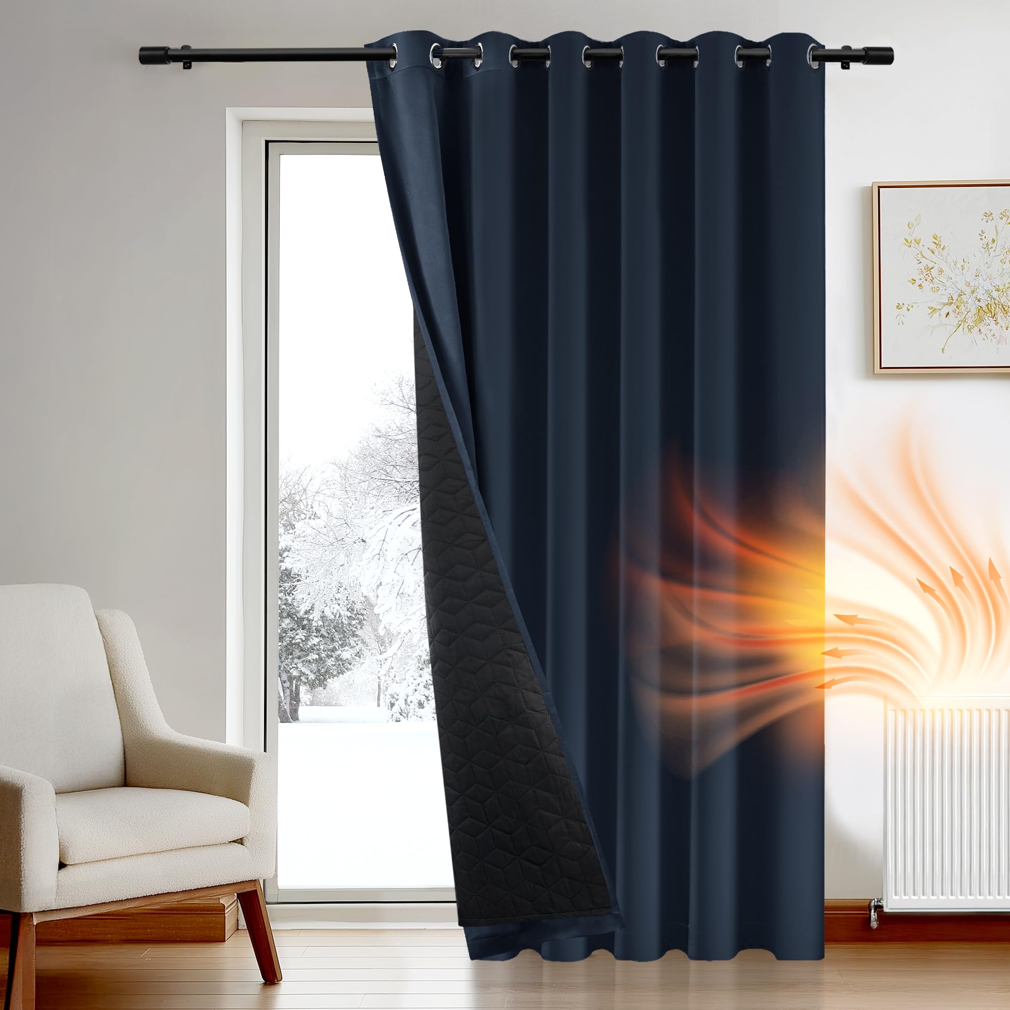 Deconovo Winter Door Curtain for Cold Resistance, Thermal Blackout Curtain with Thick Microfiber Quilted Lining 2 Layers, Noise Reducing Eyelet Curtain for Bedroom, 79 x 102 Inch, Navy Blue, 1 Panel โ image 1