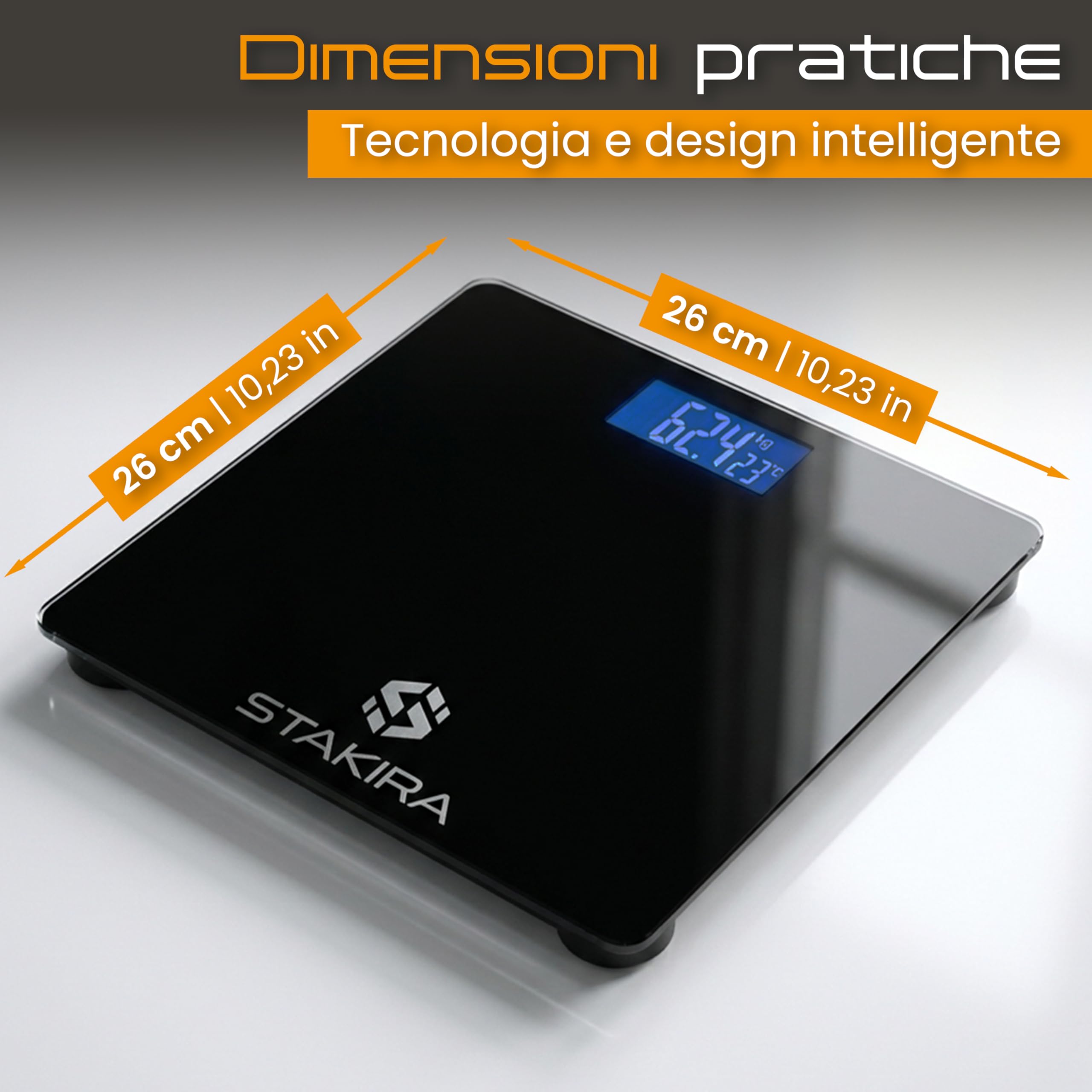 Bilancia Pesapersone Digitale STAKIRA – Fino a 180 kg – Alta Precisione 0.1 kg – USB Ricaricabile – Display LCD – Vetro Temperato Nero – Temperatura Integrata – Design Compatto 26x26 cm