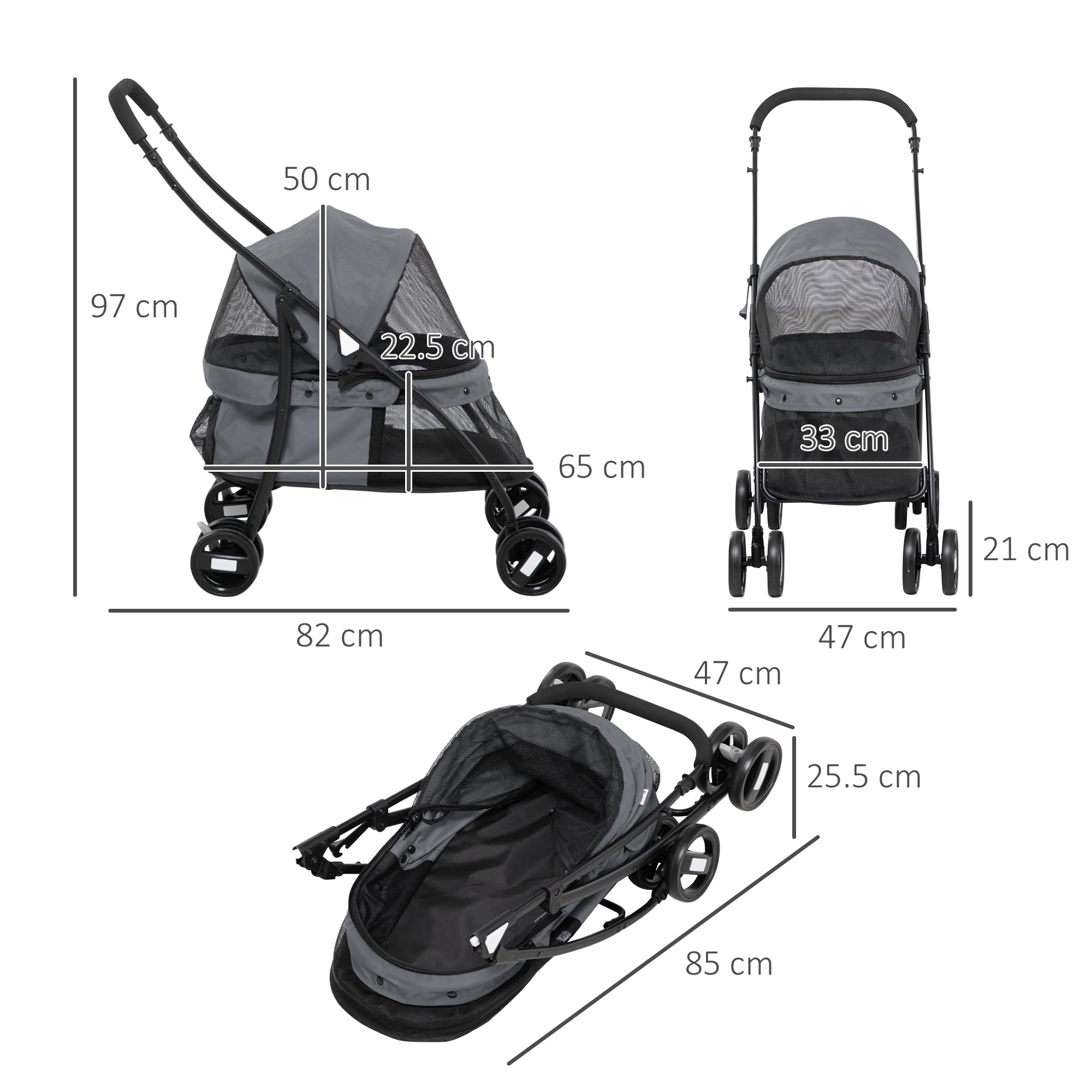 PawHut Passeggino per Cani Pieghevole con Tettuccio Regolabile, Borsa e 2 Guinzagli, Passeggino per Animali in Tessuto Oxford e Acciaio, 82x47x97 cm, Grigio e Nero