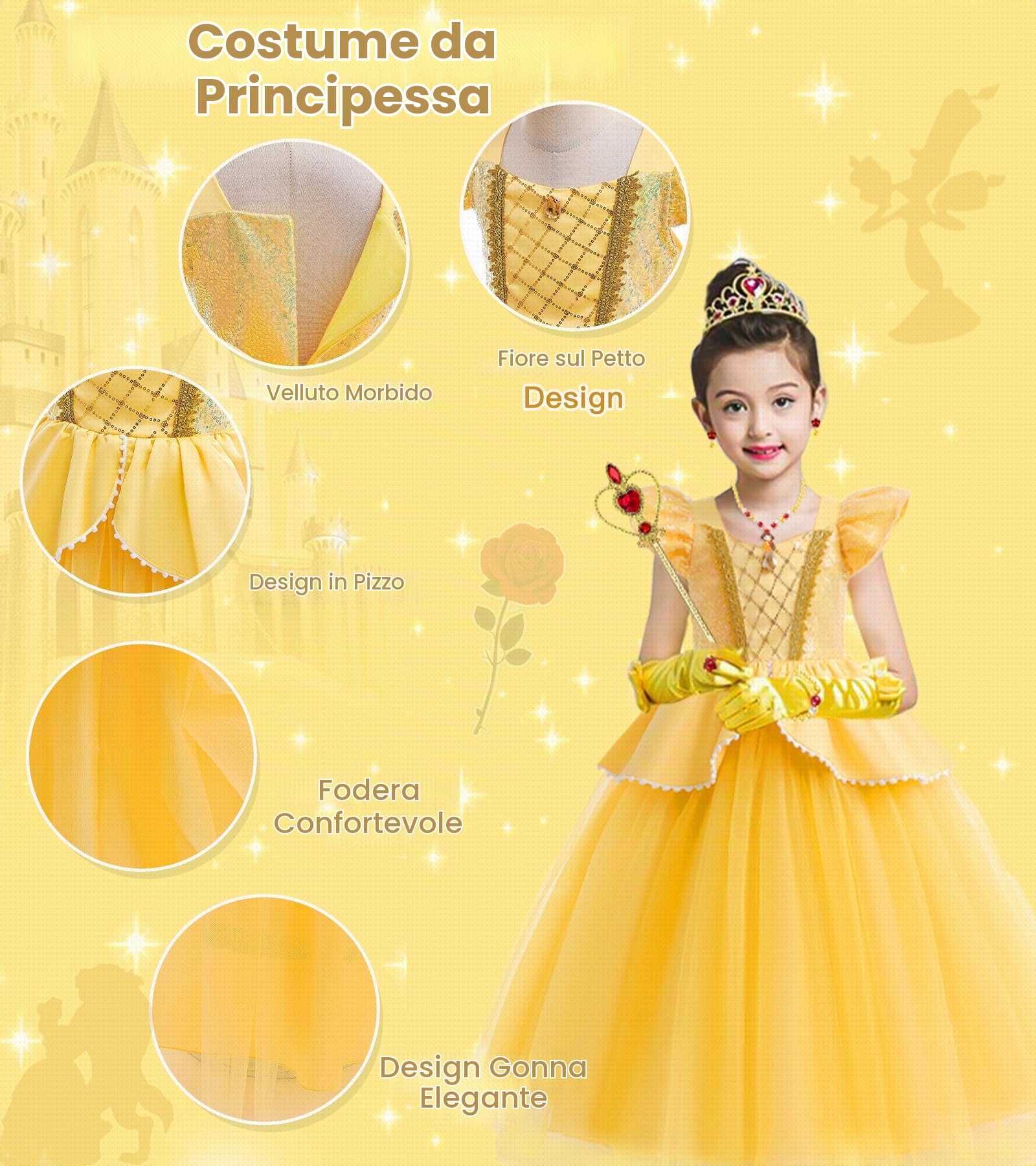 Vestito Principessa Bambina, Costume Rosa Bella e la Bestia con Set Corona Principessa, Bella Costume Carnevale per Regalo Bambina, Costume Bella e la Bestia per Compleanno Cosplay