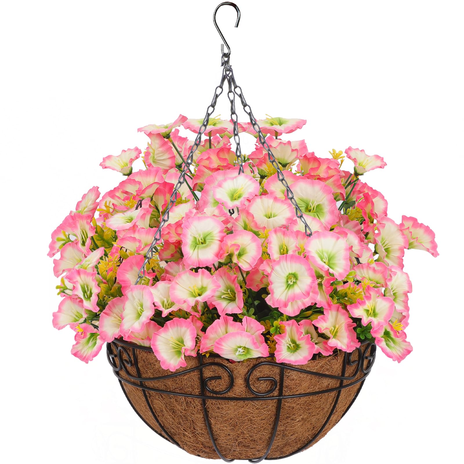 CEWOR Artificial Hanging Flowers with Basket, Fake Hanging Plants for Outdoor Decor, Coconut Lining Basket with Flowers, Faux Flowers for Outdoor Patio Garden Porch Decor (Pink)