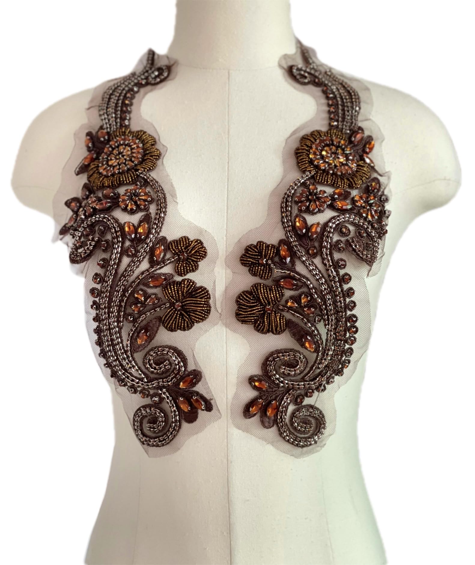 JRYYR 1 Pair Handmade Rhinestone Appliques, Brown Rhinestone Applique for Dress, Wedding, Costume Decoration Beaded Patches (Brown)