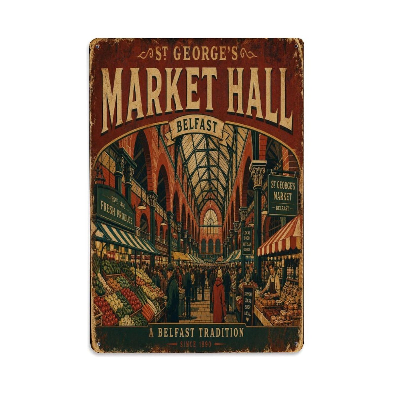 Belfast Market Food Hall Northern Ireland Heritage Metal Tin Sign Plaque Wall Decor for Cafe, Man Cave, Club Bar, Office, Home Garden Round Metal Poster 8x12Inch