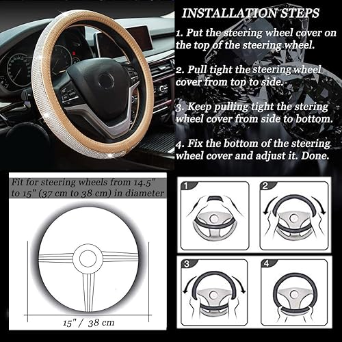 Miniatura 7 de Nueva Funda para Volante de Cuero Diamantado con Cristales de Strass Brillantes Bling Bling, Ajuste Universal de 15 Pulgadas, Protector de Volante