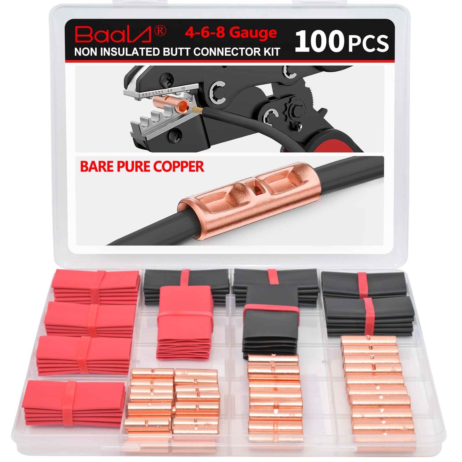 BAALA Juego de 100 conectores de tope no aislados de calibre 4/6/8 con tubo termorretráctil 4/6/8 AWG, conector de empalme a tope de cobre puro, 50 conectores de empalme de alambre de crimpado y 50