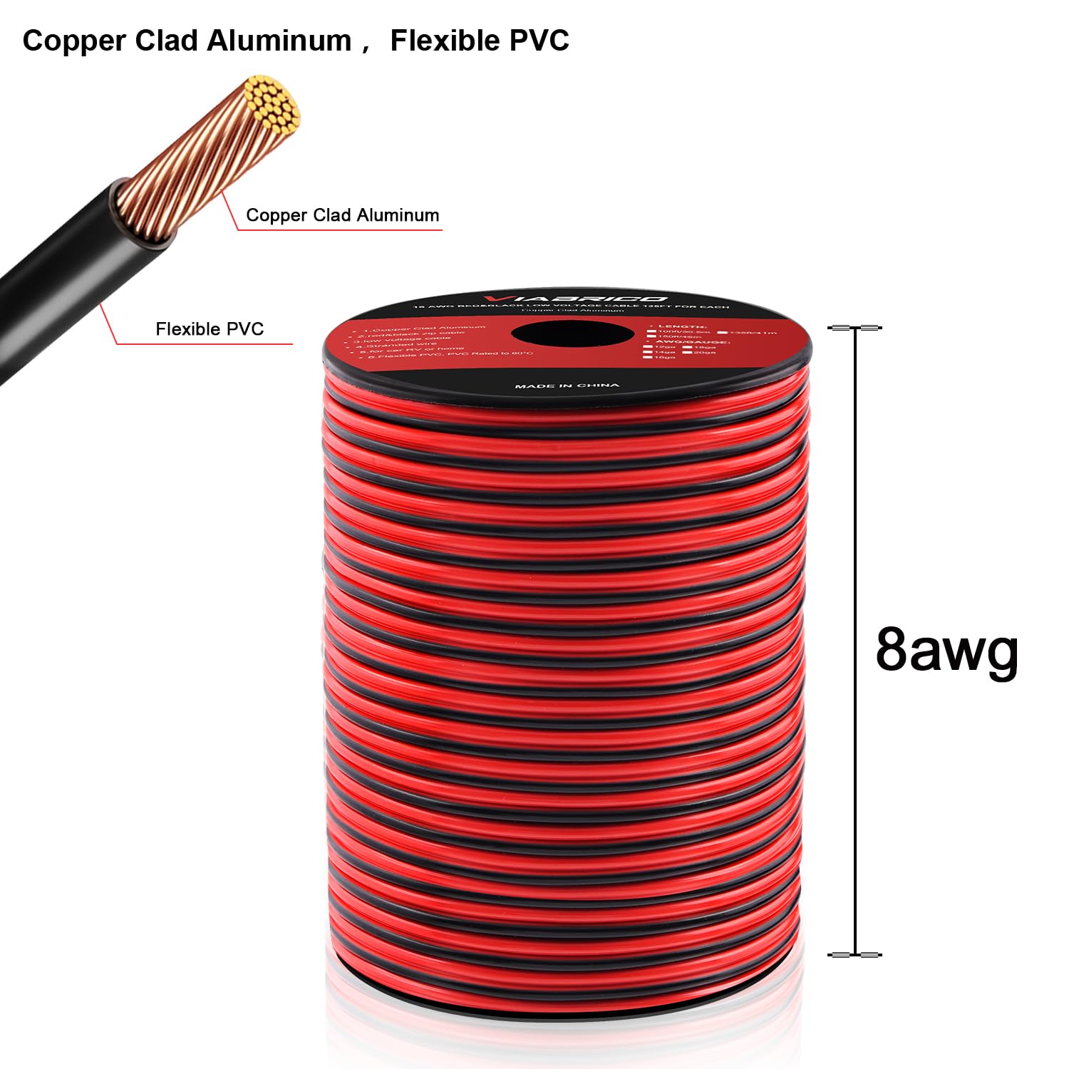 8Gauge 50FT Electrical Wire Cable 2 Conductors Red Black Cable Hookup LED Lighting Strips Flexible Wire Extension Cord 8AWG Copper Clad Aluminum Copper Wire 12V/24V DC