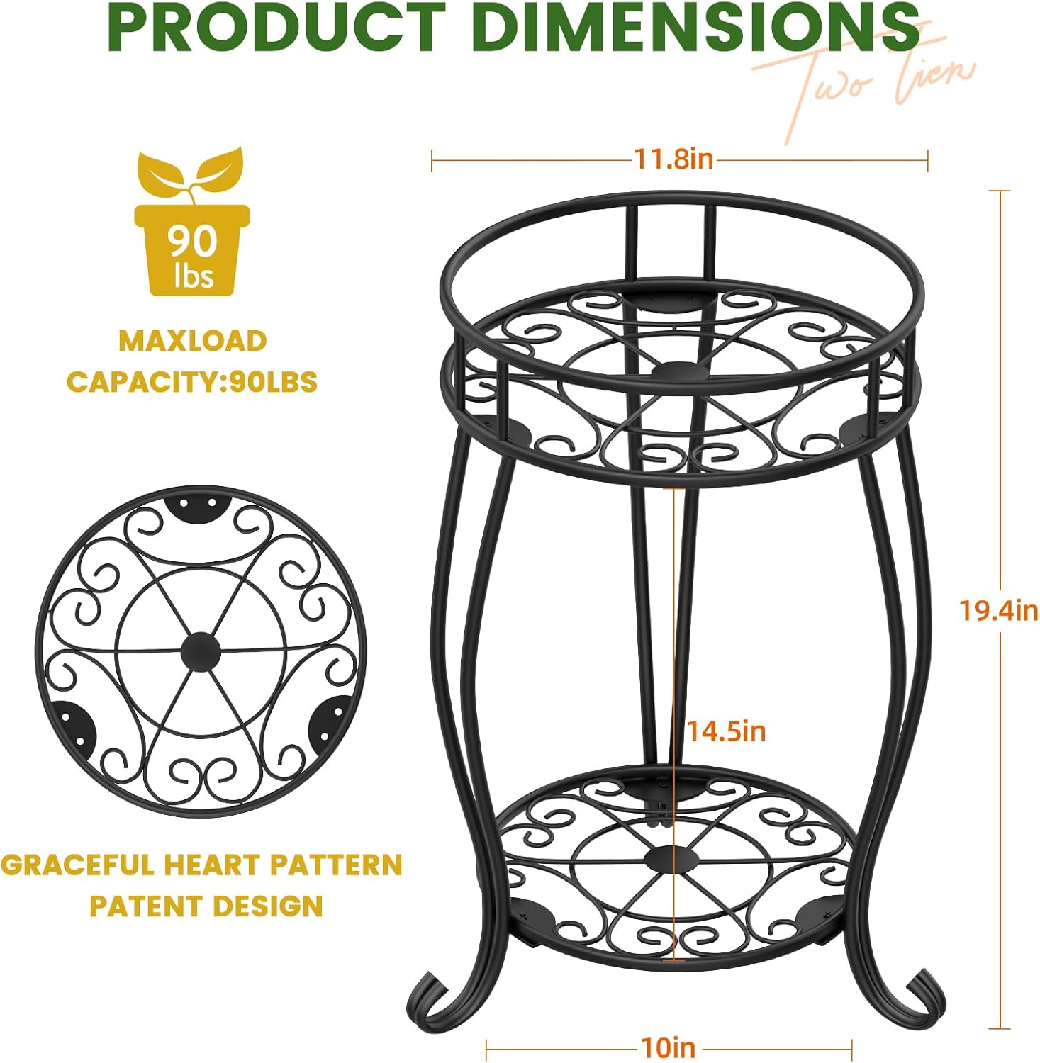 TOSKING 2-Tier & 9.1'' Single Metal Plant Stand Set – Single Stand with Adjustable Leveling Feet, Rustproof Heavy Duty Flower Pot Holder for Indoor/Outdoor, Stable Multiple Plant Rack for Balcony Garden Patio Living Room Bedroom, Black