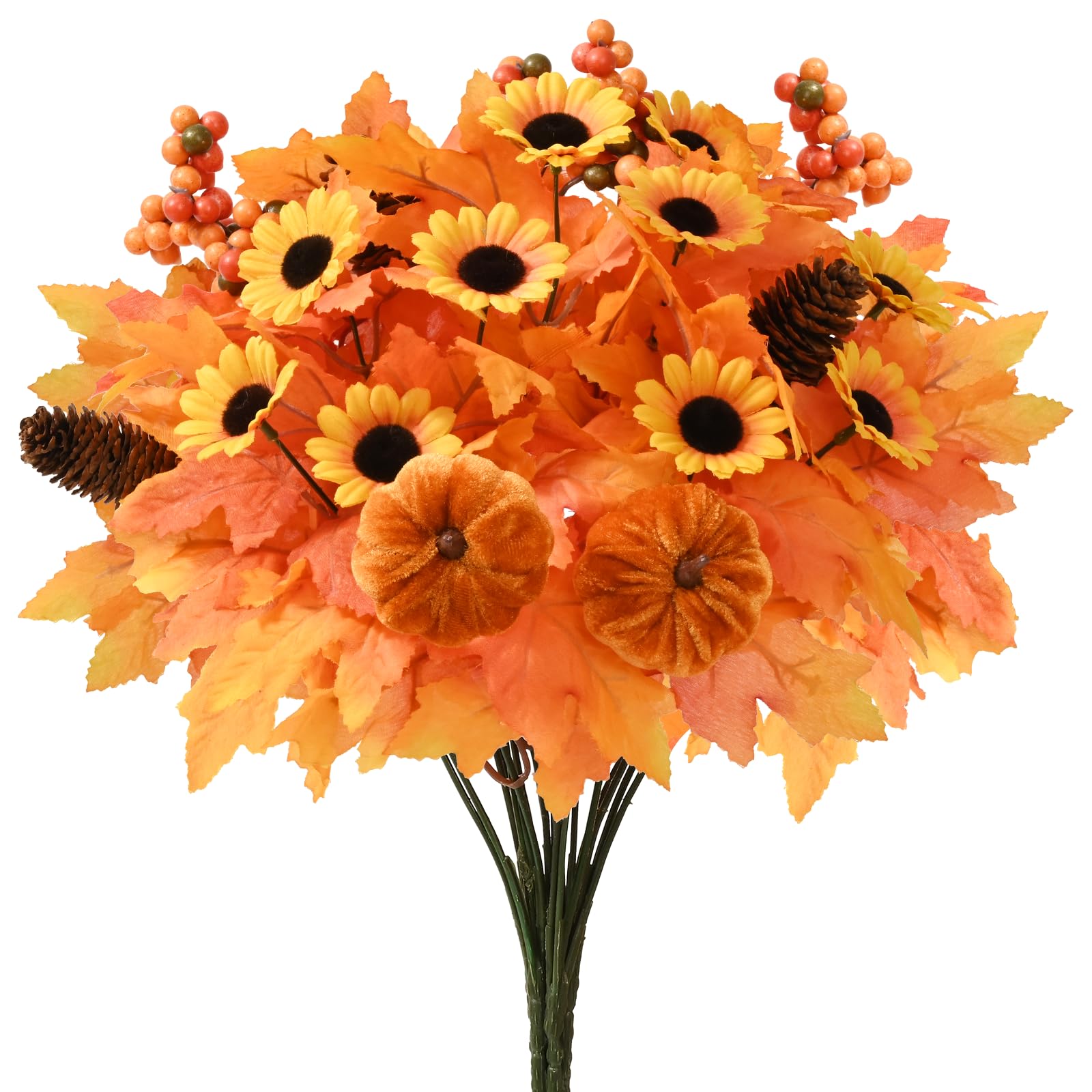 WaipfaruFall Decor, 4 Pcs Fall Artificial Flowers Bouquet Fall Floral Stems with Pumpkins Maple Leaves for DIY Autumn Wedding Thanksgiving Home Kitchen Table Decoration（Orange）