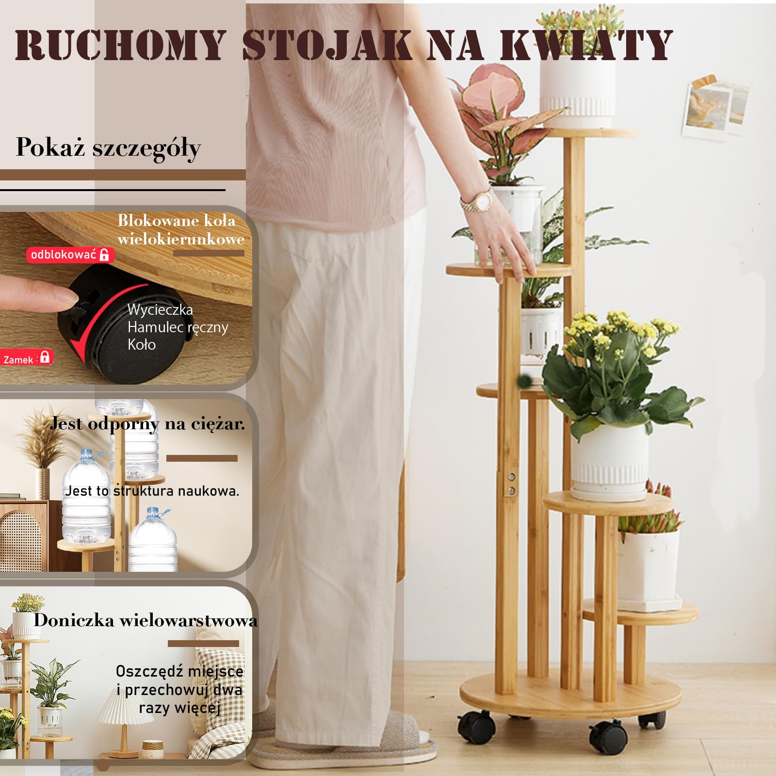 Stojak na kwiaty z bambusa, z rolkami, 5 poziomów, stojak na rośliny, 90 cm, regał narożny z drewna, regał na rośliny, do użytku na zewnątrz, podwozie Ø 33 cm (kolor drewna)