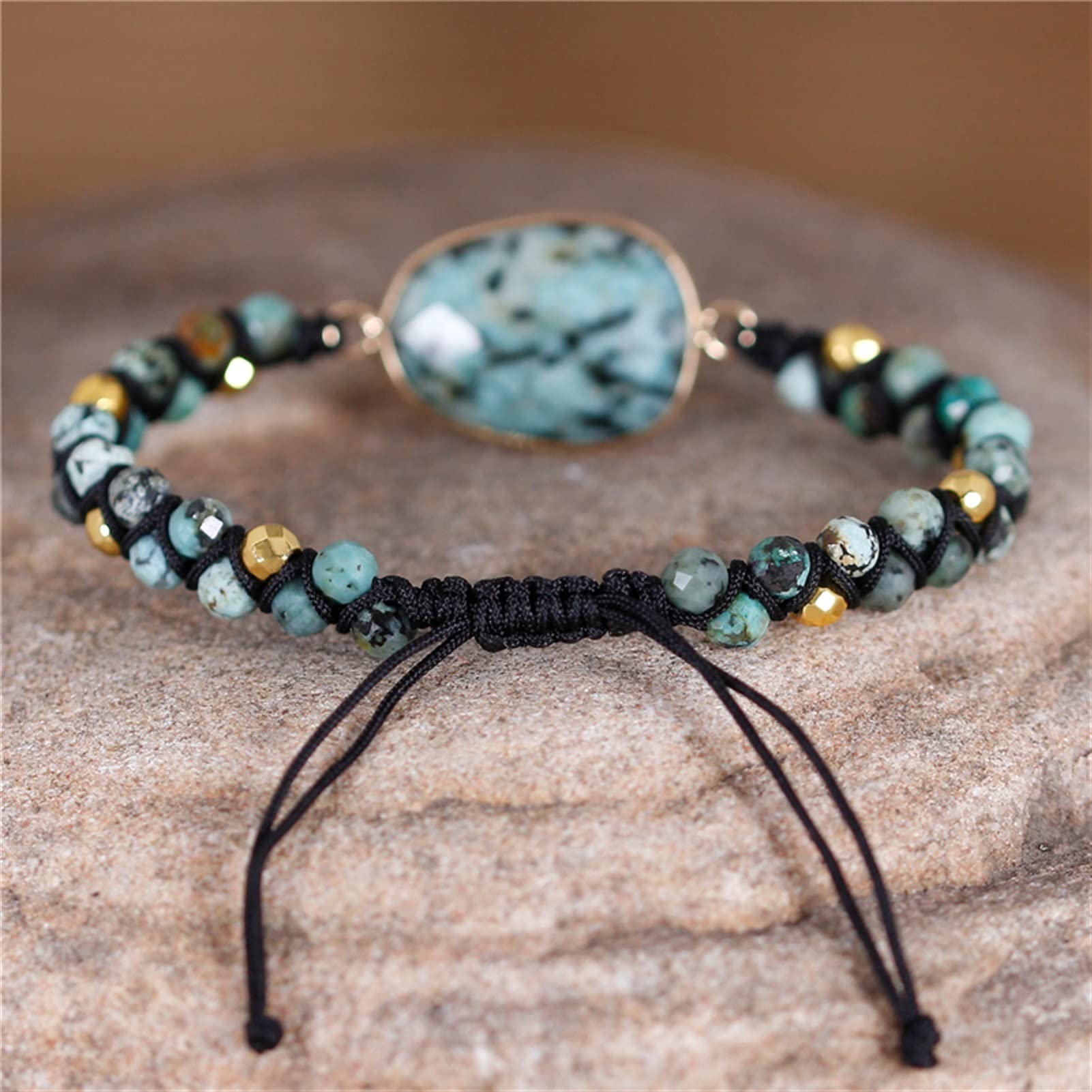 Piedra Natural Turquesa Africano Encanto Cadena Trenzado Macrame Beads Pulsera Mujeres Hombres Envolver Pulsera Femme Pareja Amante joyería