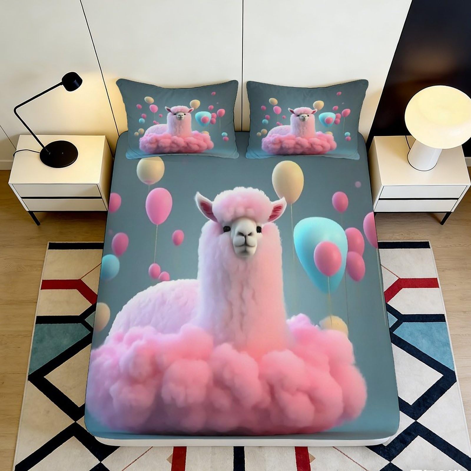 3D Printed Pink Alpaca Balloon Fitted Sheet Microfiber Soft Breathable Cloud Mattress Cover for Bedroom Decor 90x200x25cm