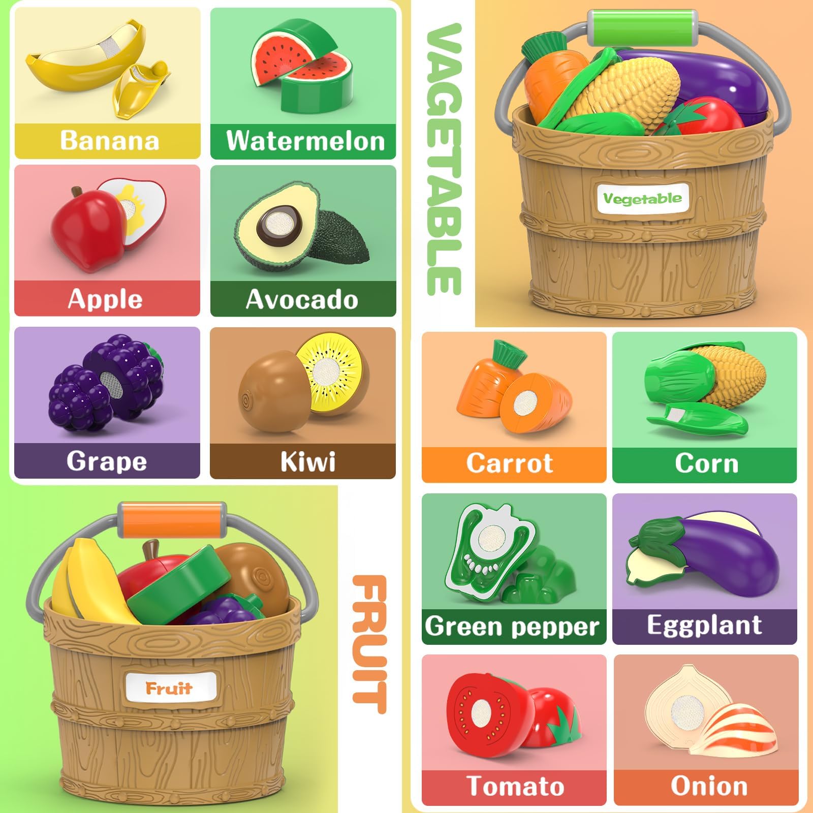 Sorting Play Food Sets - 2 Buckets with Handle, 1 Storage Basket, Fruit&Vegetable Cutting Food Toy, Pretend Fake Kids Kitchen Accessories for Preschool Learning,Birthday Gifts for Toddler Educational