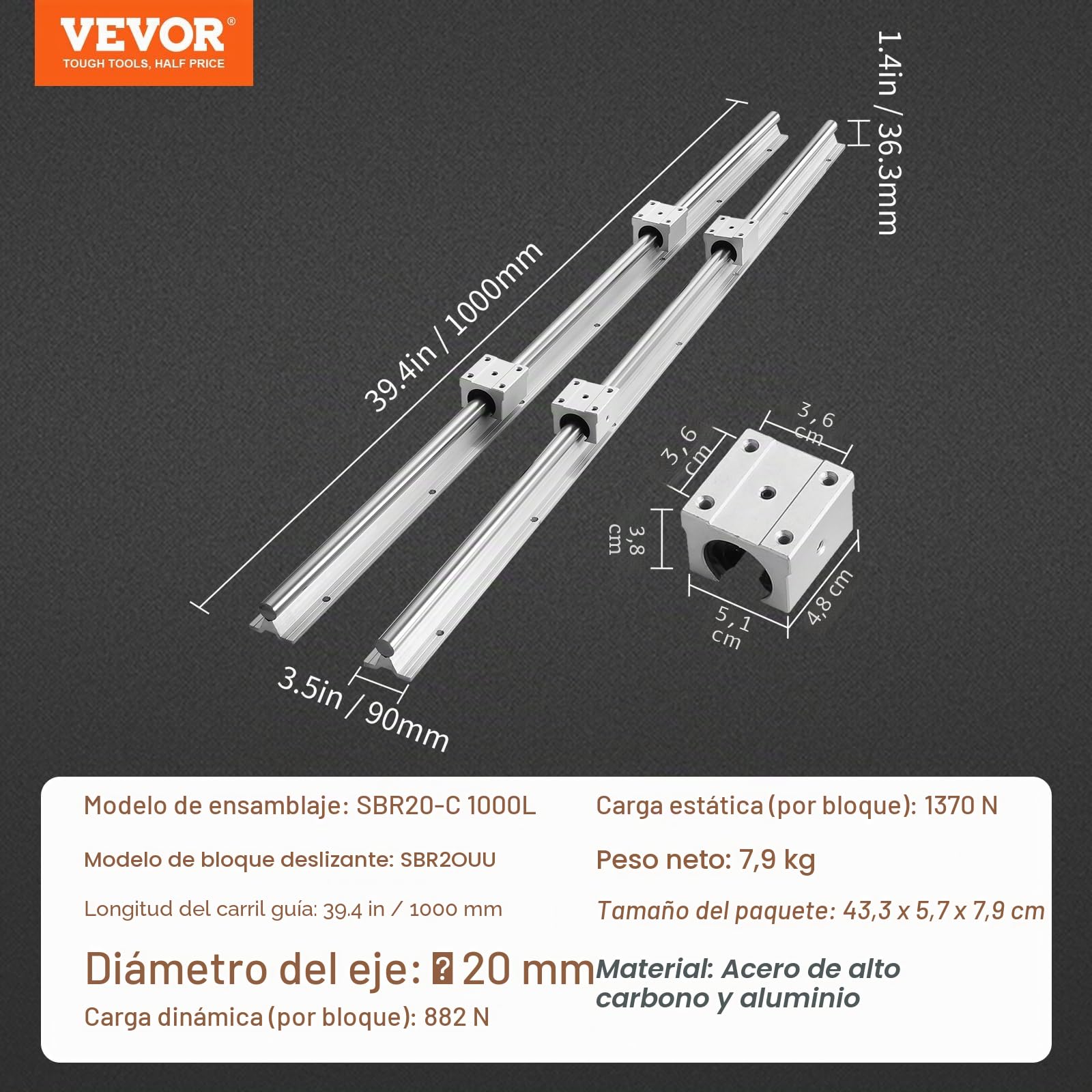VEVOR Riel de Guía Lineal SBR20 1000 mm 2PCS Rieles 4PCS Bloques SBR20UU Kit para Máquinas CNC Tornos