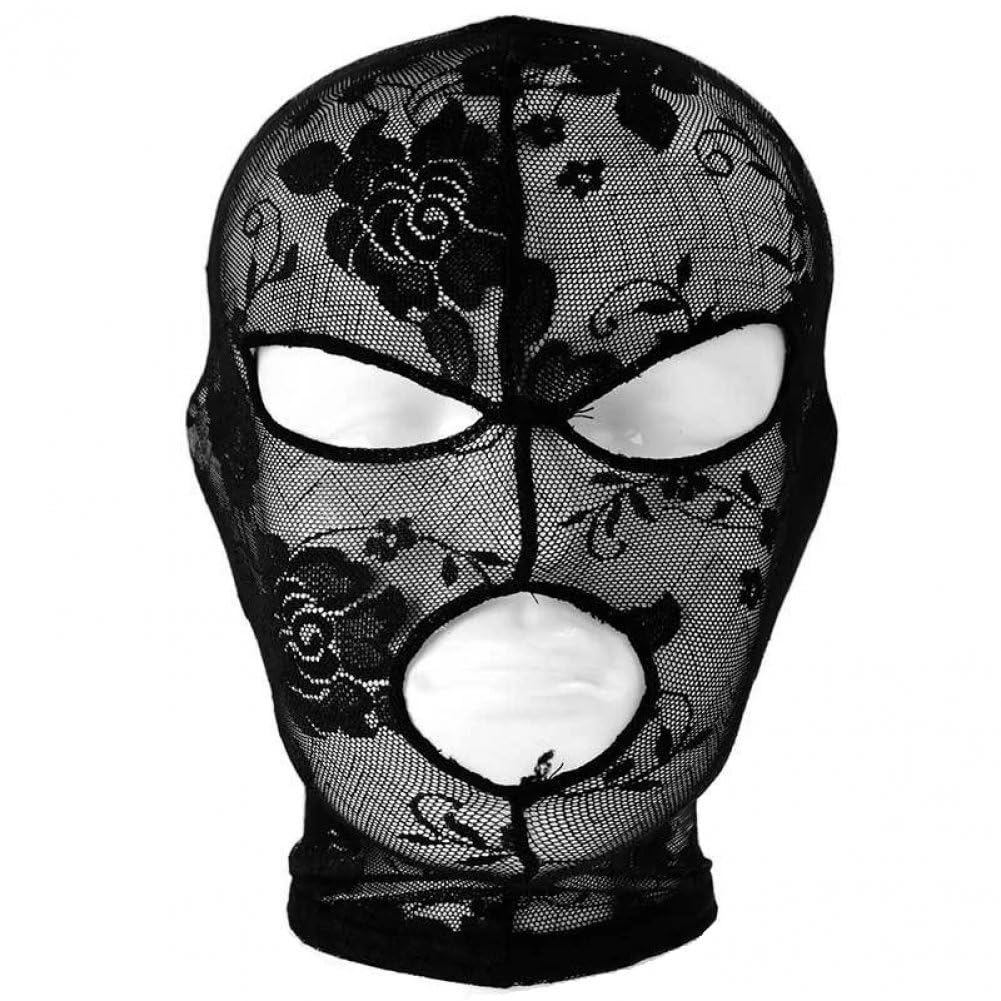 Lipfer Unisex Lace Full Face Hood Mask with Open Eyes & Mouth Black Mesh Headgear for Cosplay Costume Parties Halloween Performance