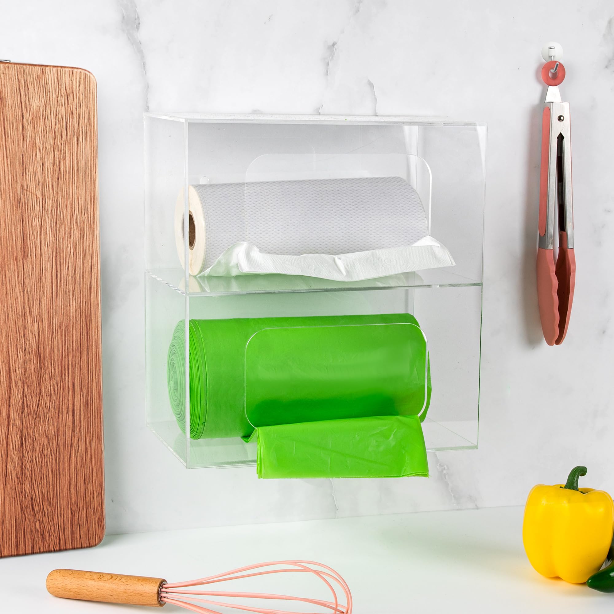 Dispensador de bolsas de basura, organizador de bolsas de basura acrílicas 2 en 1, soporte de bolsa de comestibles montado en la pared para almacenamiento de cocina, bolsas de basura de plástico, caja