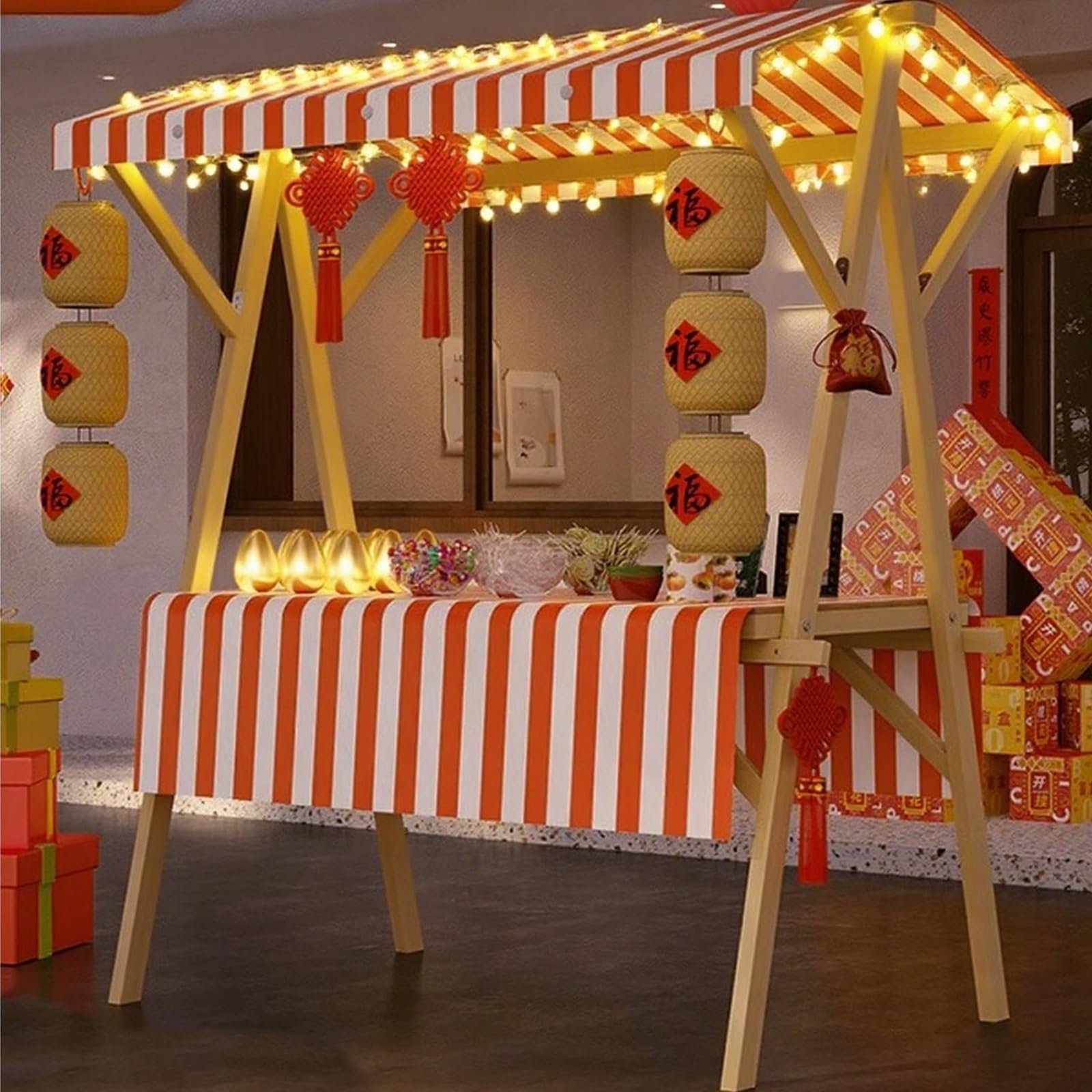 Chariot De Restauration En Bois, Prèsentoir Mobile Avec Auvent De Marché Pliable, Stand Commercial Hot-dogs/glaces/snacks(Orange,120cm/47.2in)