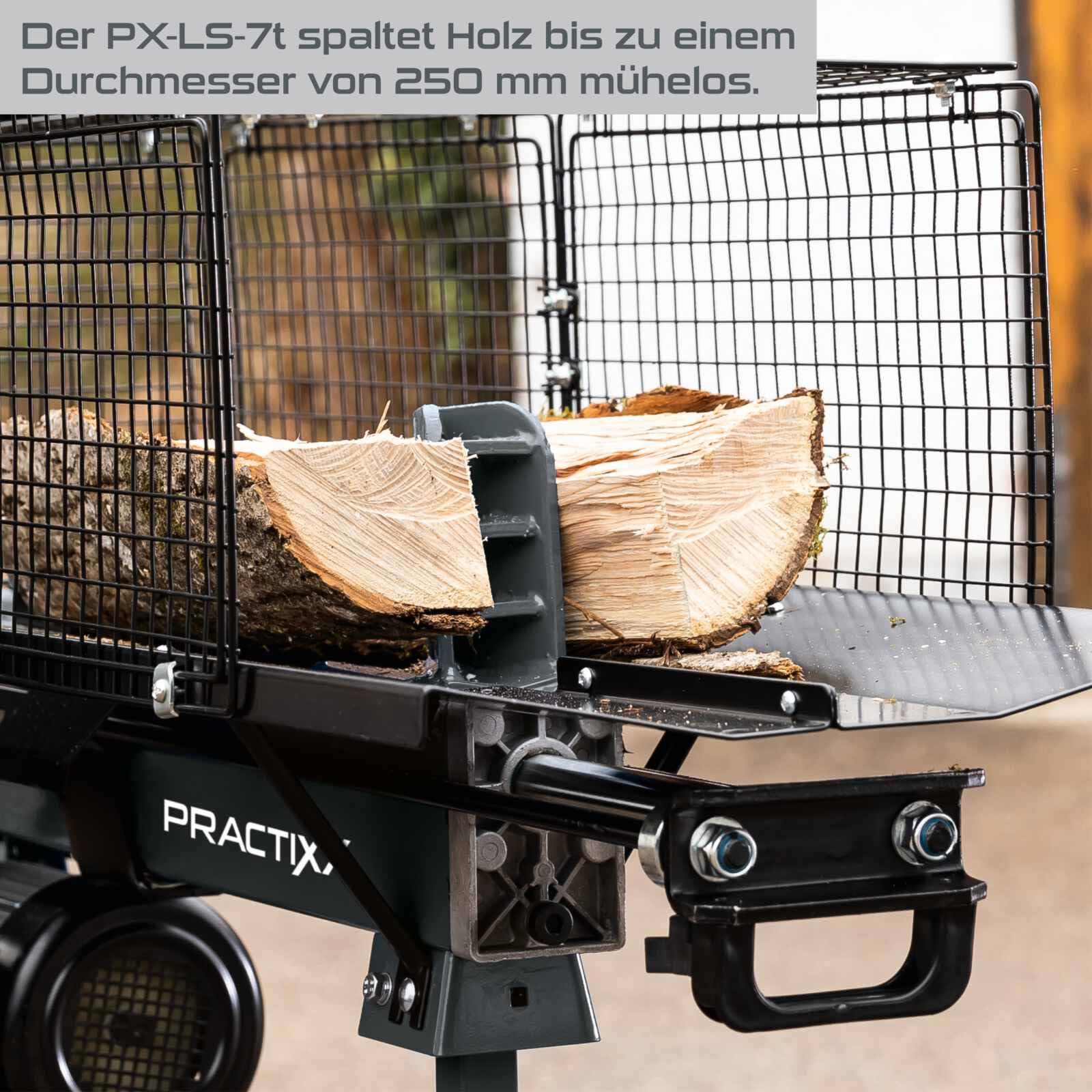 Practixx liegend Holzspalter PX-LS 7t Brennholzspalter Hydraulikspalter | 230V | 2200W Leistung | Spaltkraft 7 Tonnen | Spaltlänge 520mm / Ø250mm | inkl. Untergestell & Hydrauliköl (vorbefüllt)