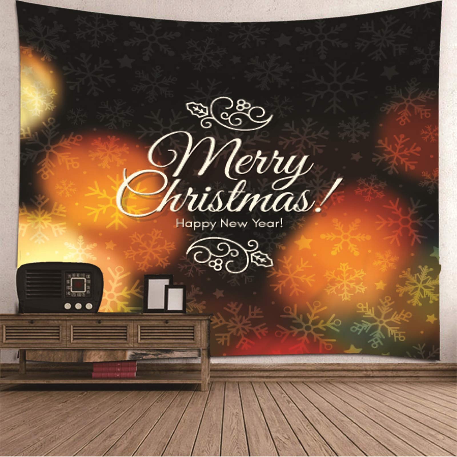 Tapiz Yoga Suelo, Decoracion de Navidad para Exterior Copos de Nieve Feliz Navidad Feliz Año Nuevo Amarillo Marron Poliéster Papel Tapiz Decorativos 260X240cm